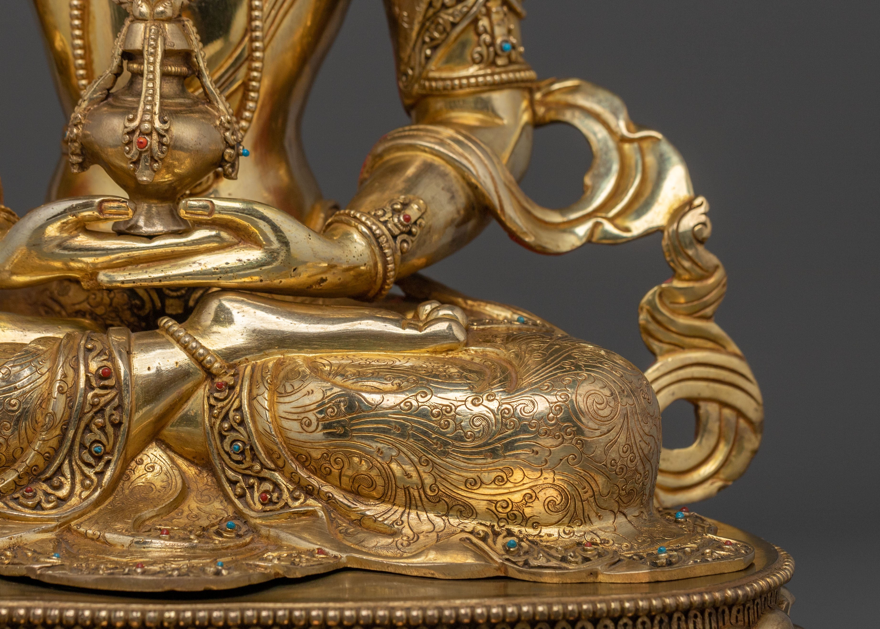 Tibetan Amitayus Traditional Sculpture in 24K Gold