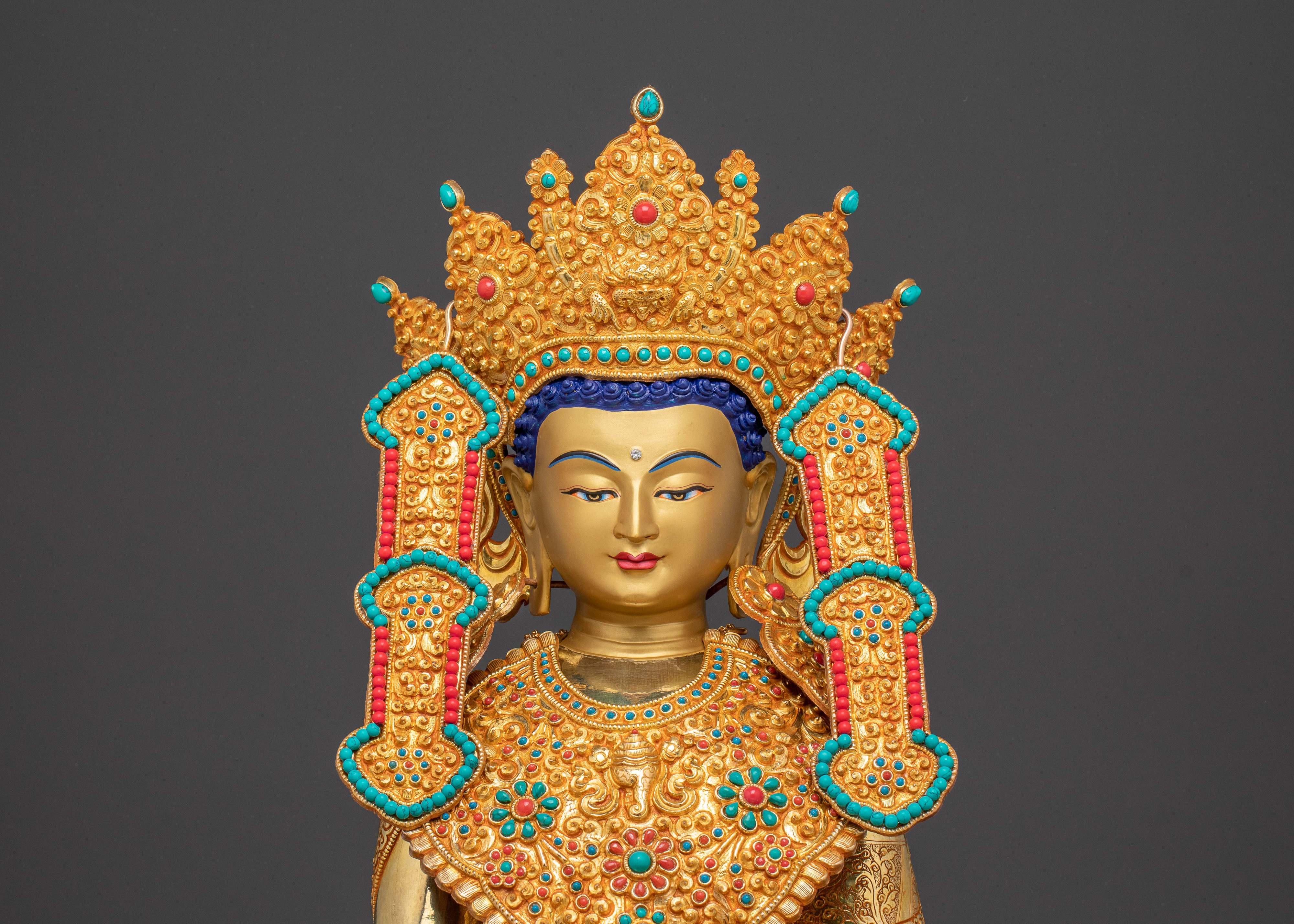 Crown Shakyamuni Buddha Statue - 24K Gold Gilded Art