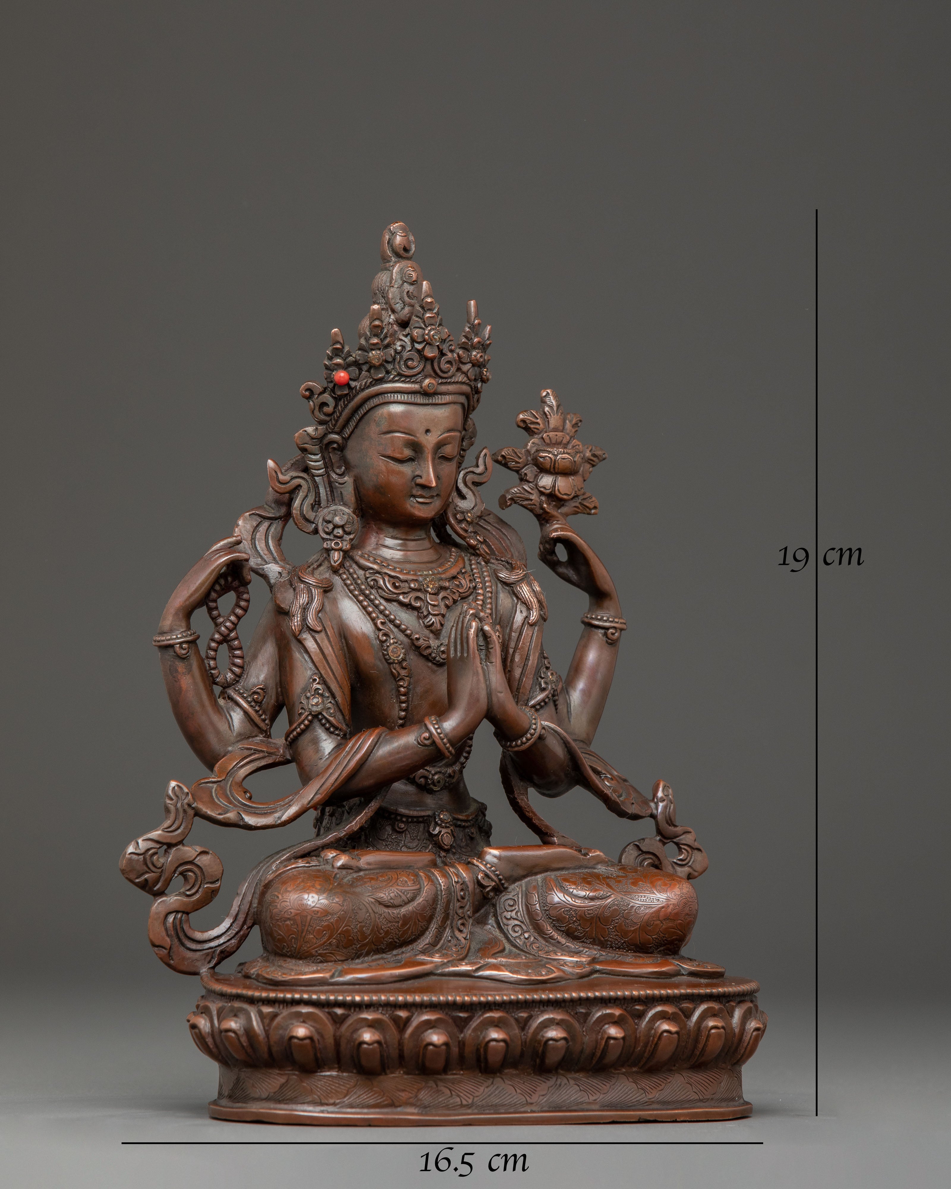 Handmade Copper Chenrezig Statue of Compassion | Avalokiteshvara Figurine