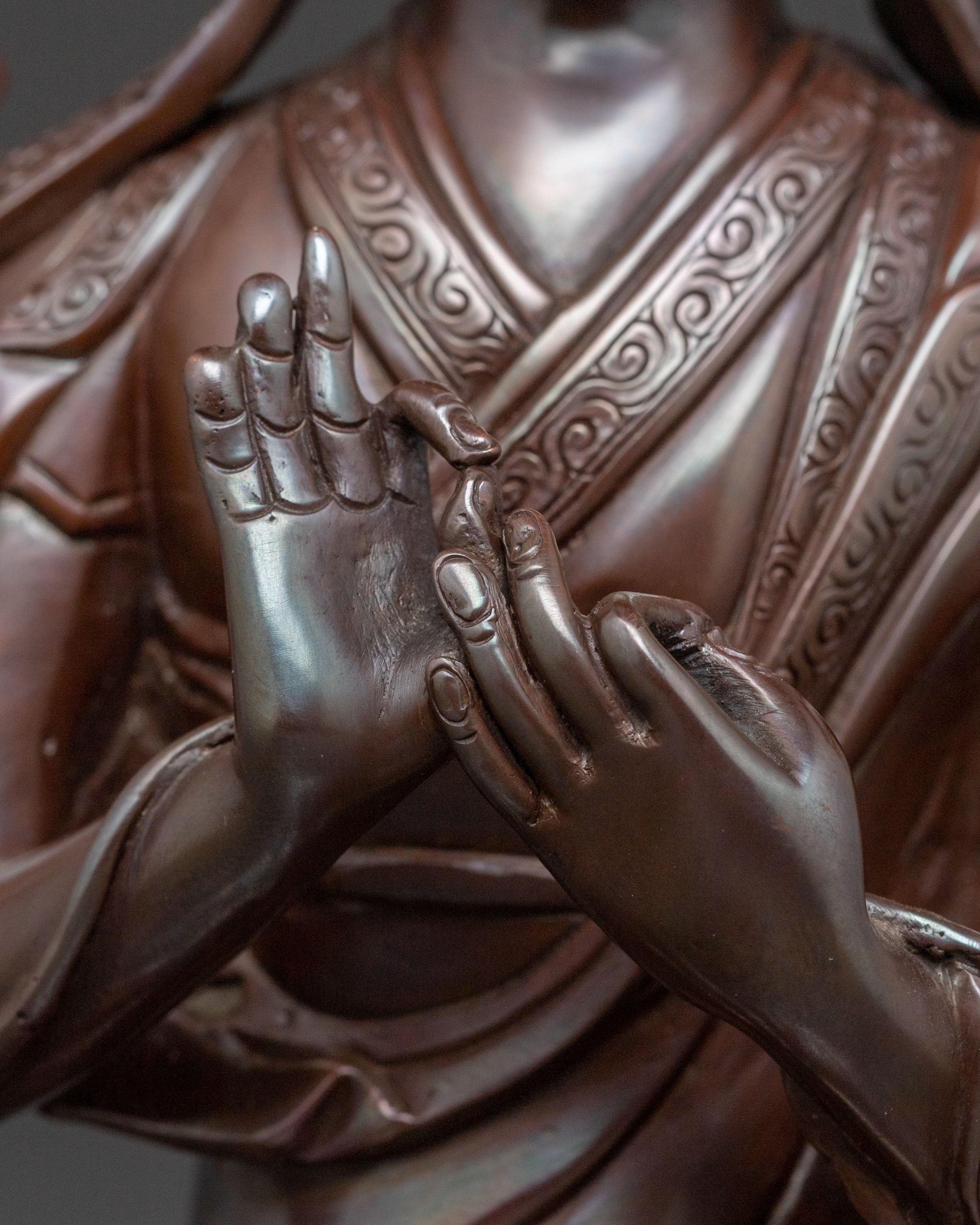 Tsongkhapa Copper Statue with Disciples: Oxidized Finish