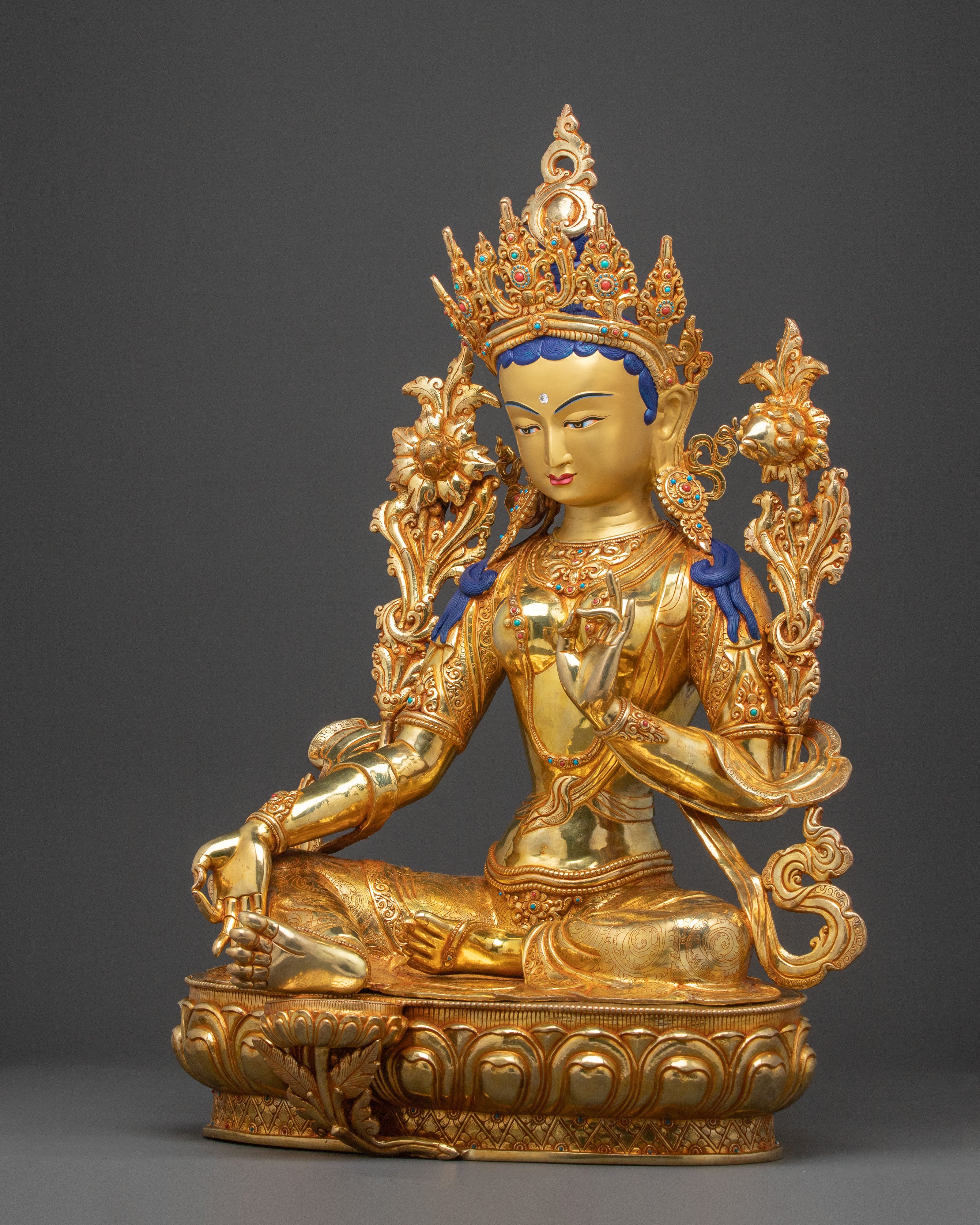 24K Gold Gilded Green Tara Spiritual Statue | Meditation Decor