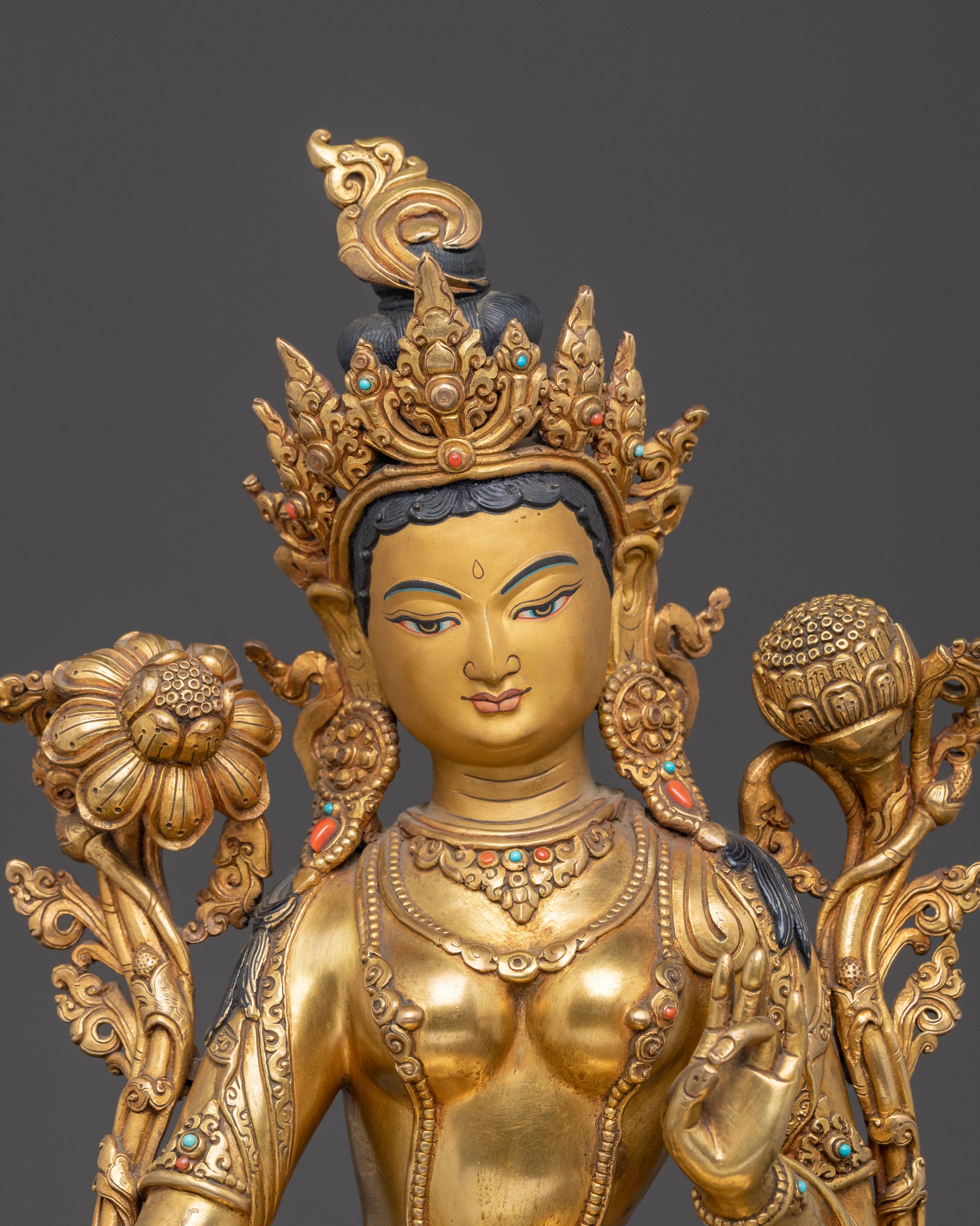 Handcrafted Green Tara Golden Statue | Goddess of Compassion