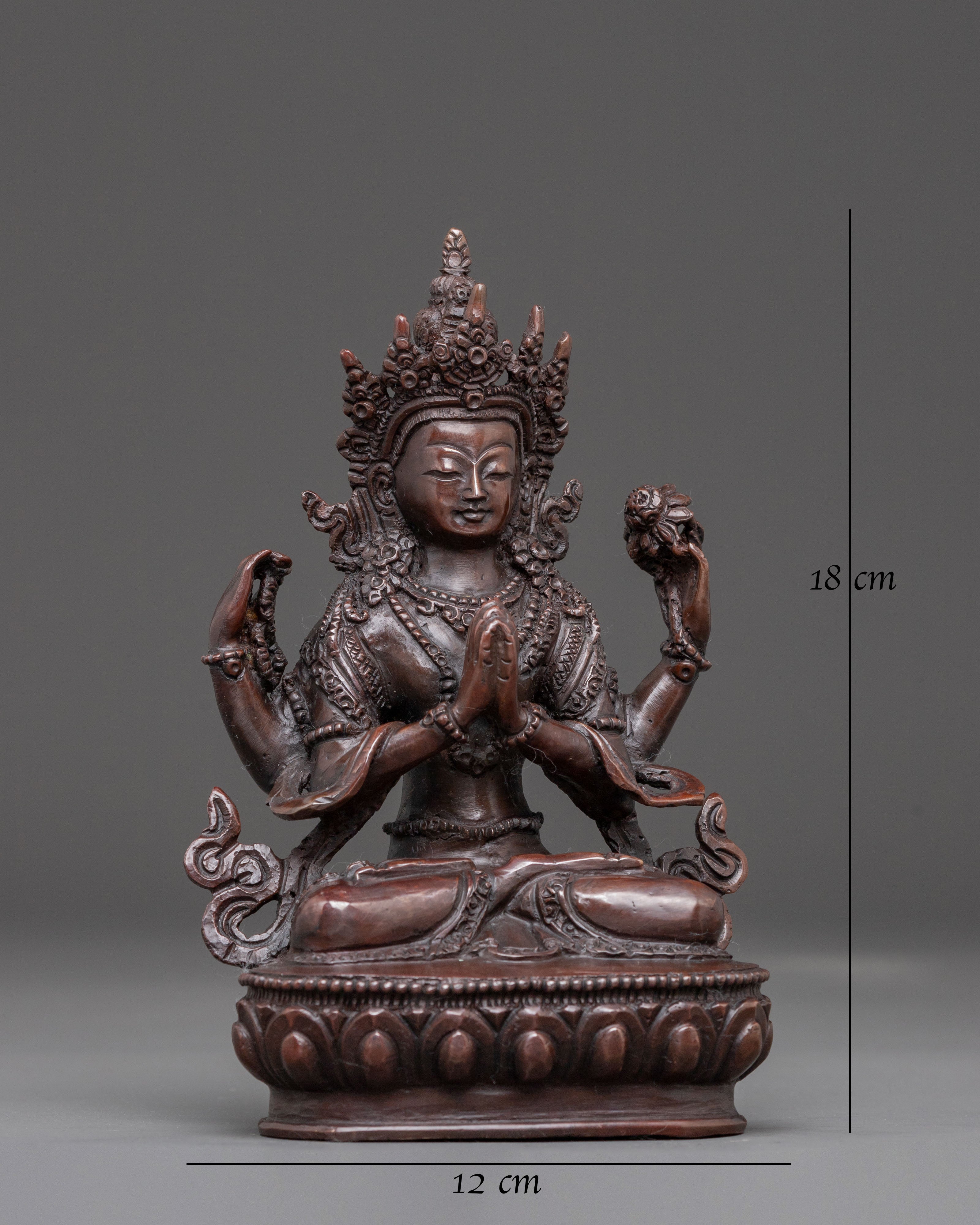 Handcrafted Chenrezig Oxidized Copper Statue