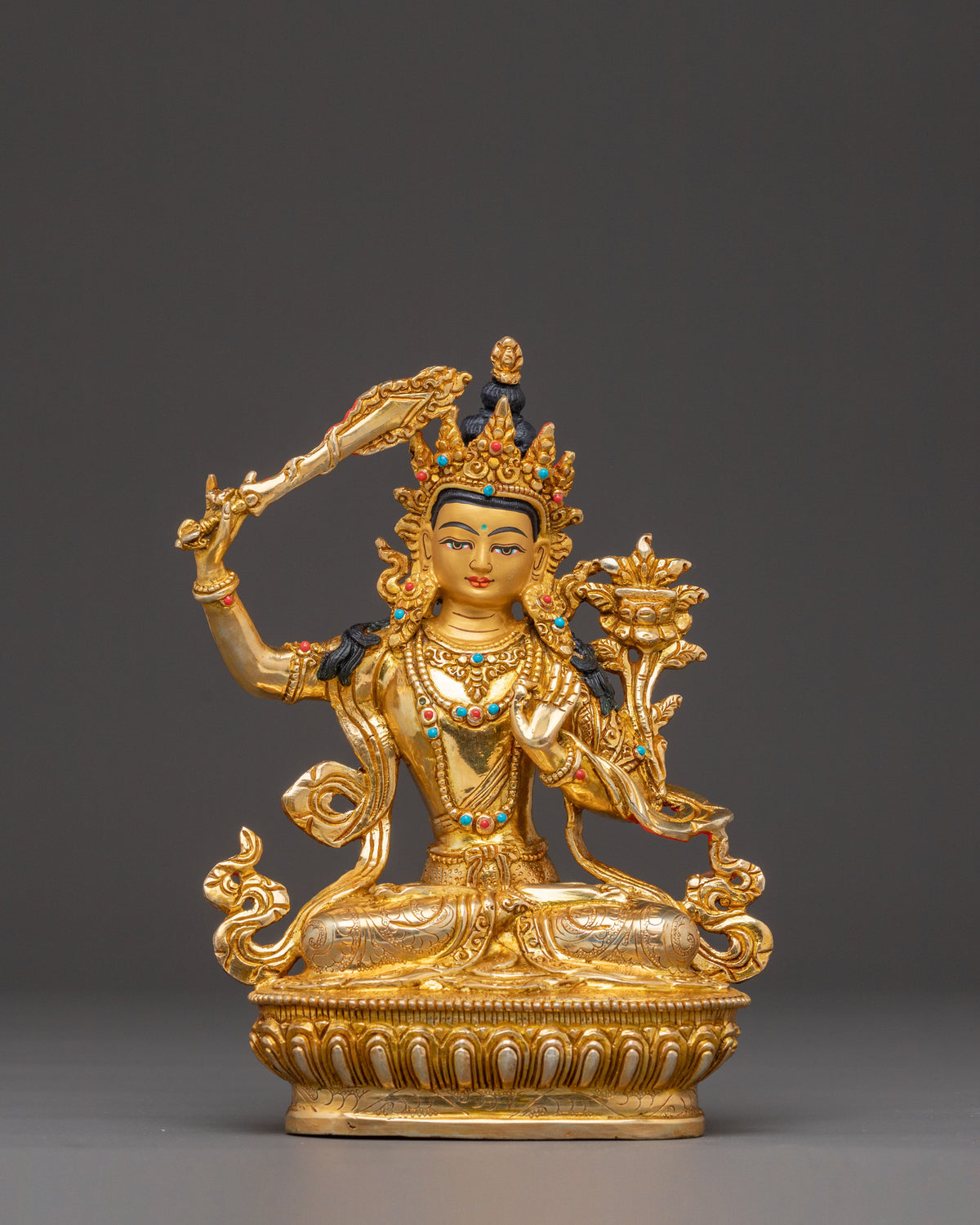 Tibetan Wisdom Deity Manjushri Statue – 24K Gold Gilded Copper Statue