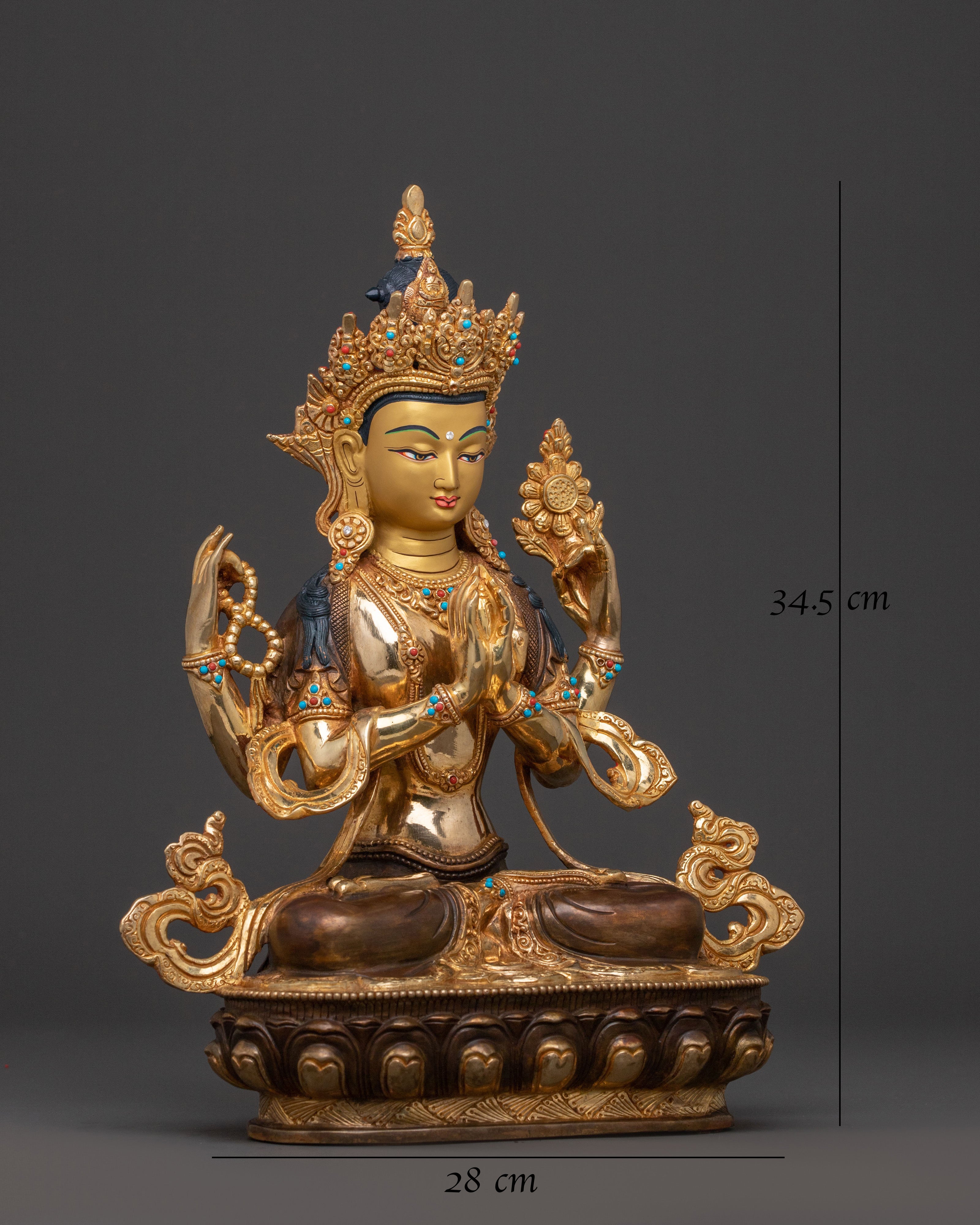 Chenrezig Tranquil Protector Statue | 24K Gilded Copper