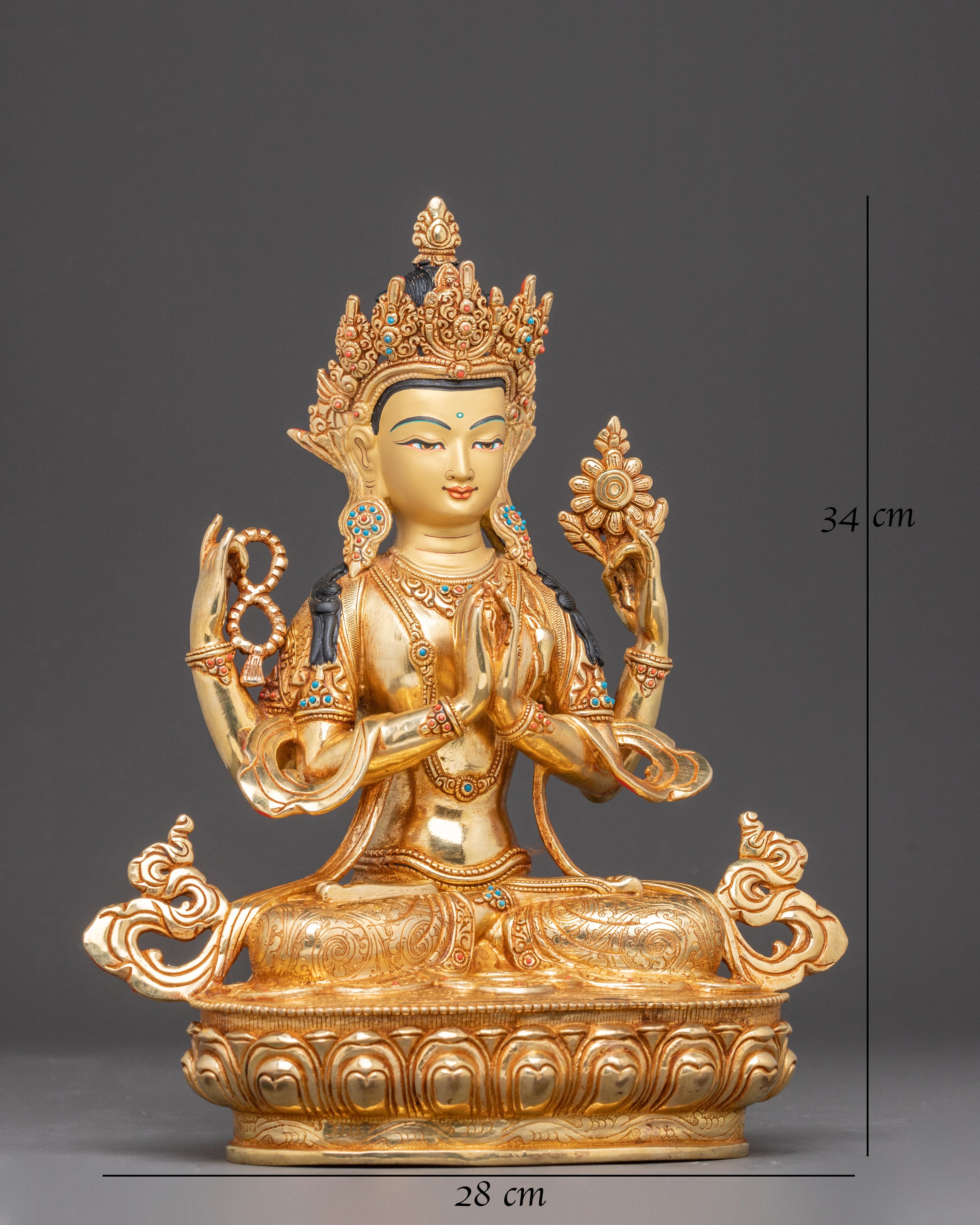 Handcrafted Golden Artwork of Four-Armed Chenrezig