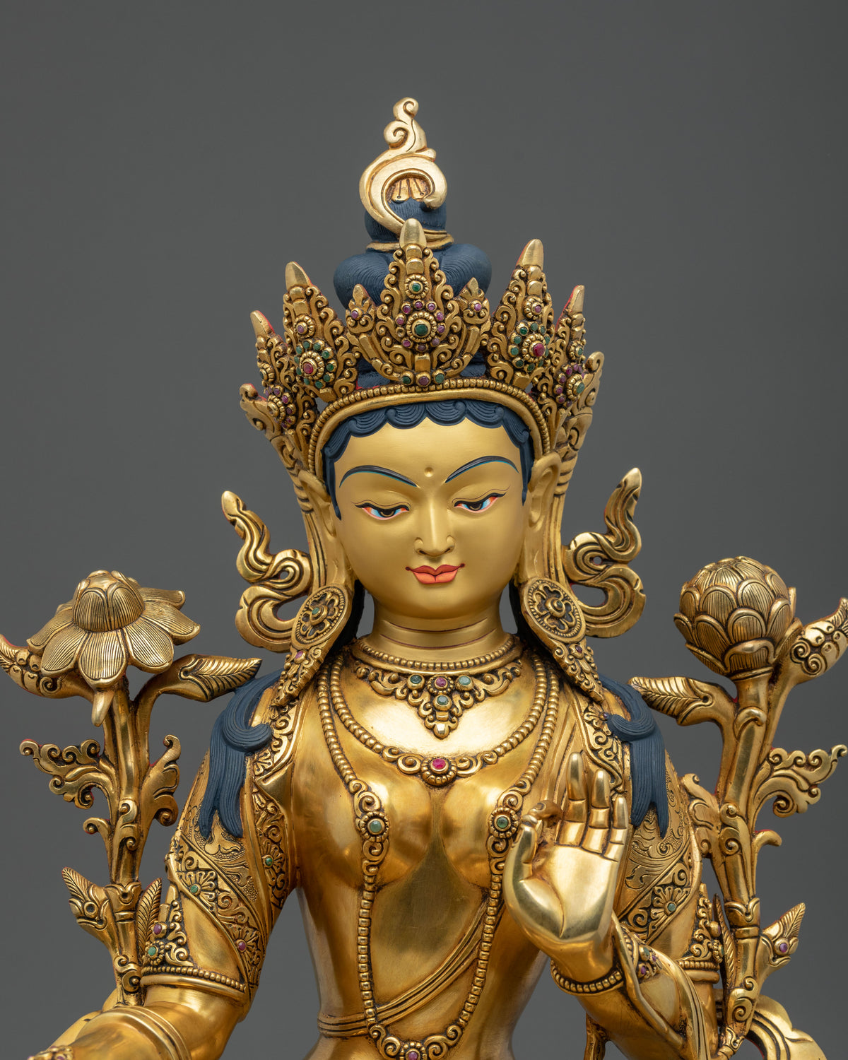 Tibetan Protector Figurine Green Tara in 24K Gold Gilded Copper