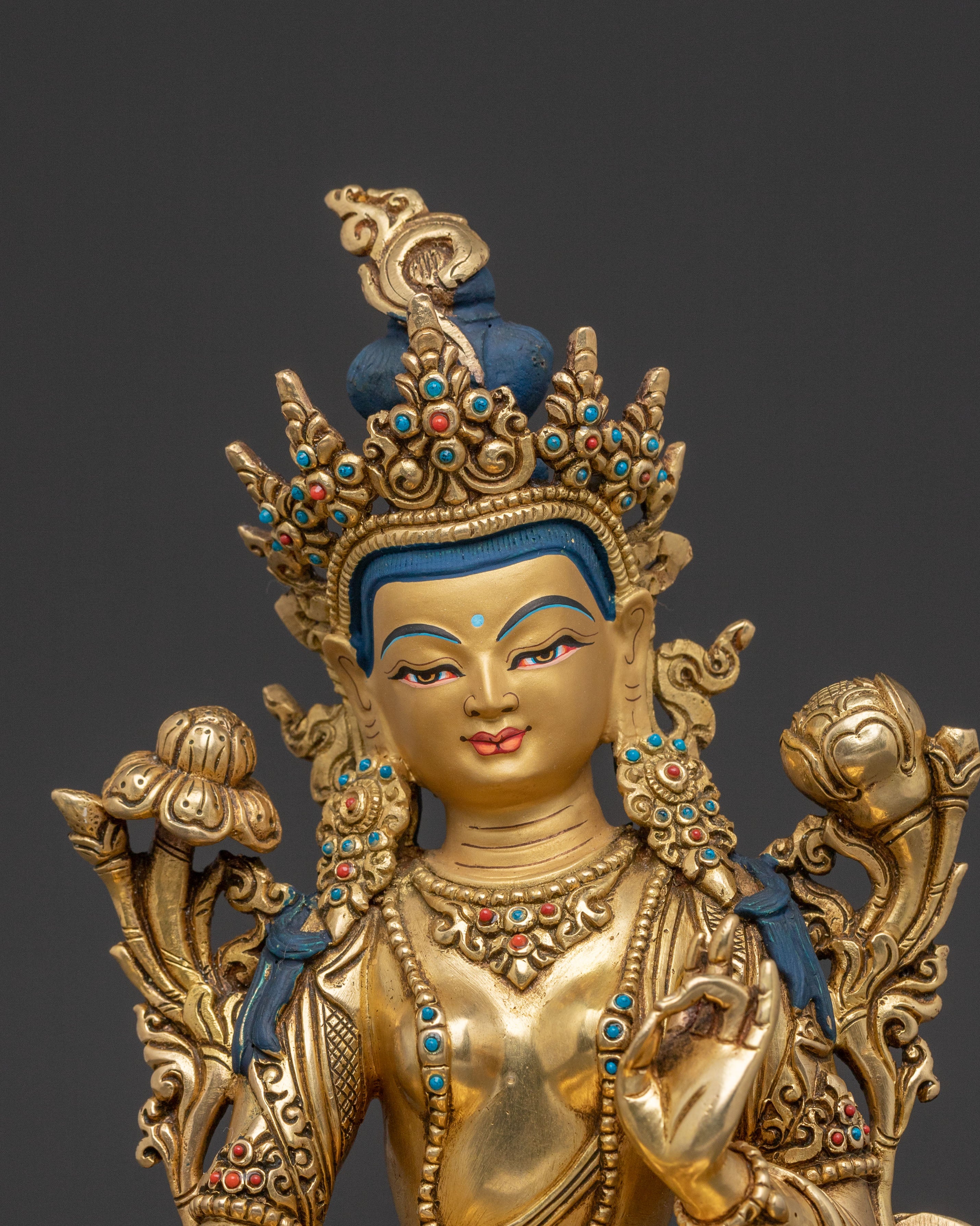 Serene Green Tara Sacred Statue – Gilded Copper Artwork