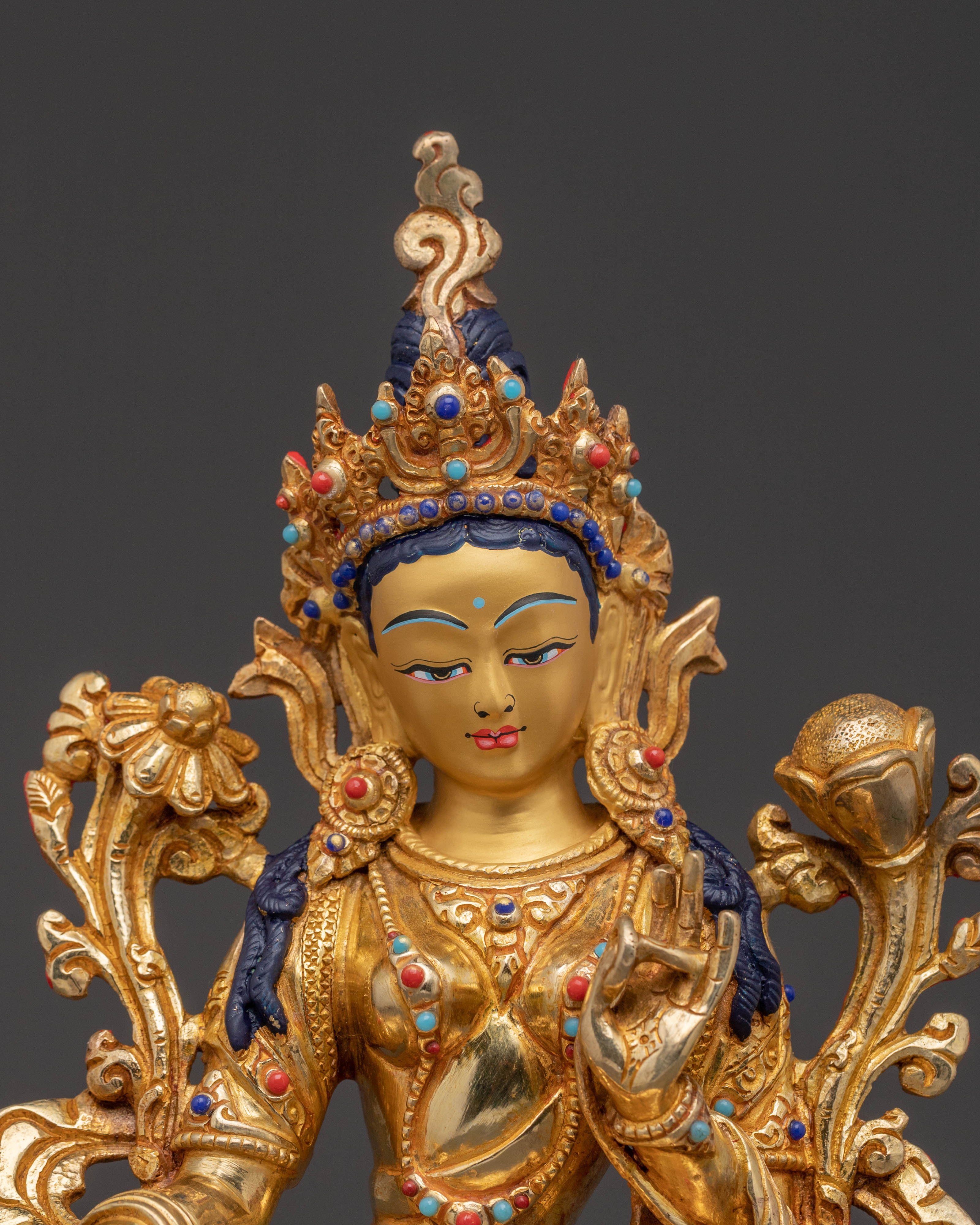 Golden Green Tara Statue for Sacred Spaces – Hand-Gilded Copper Art
