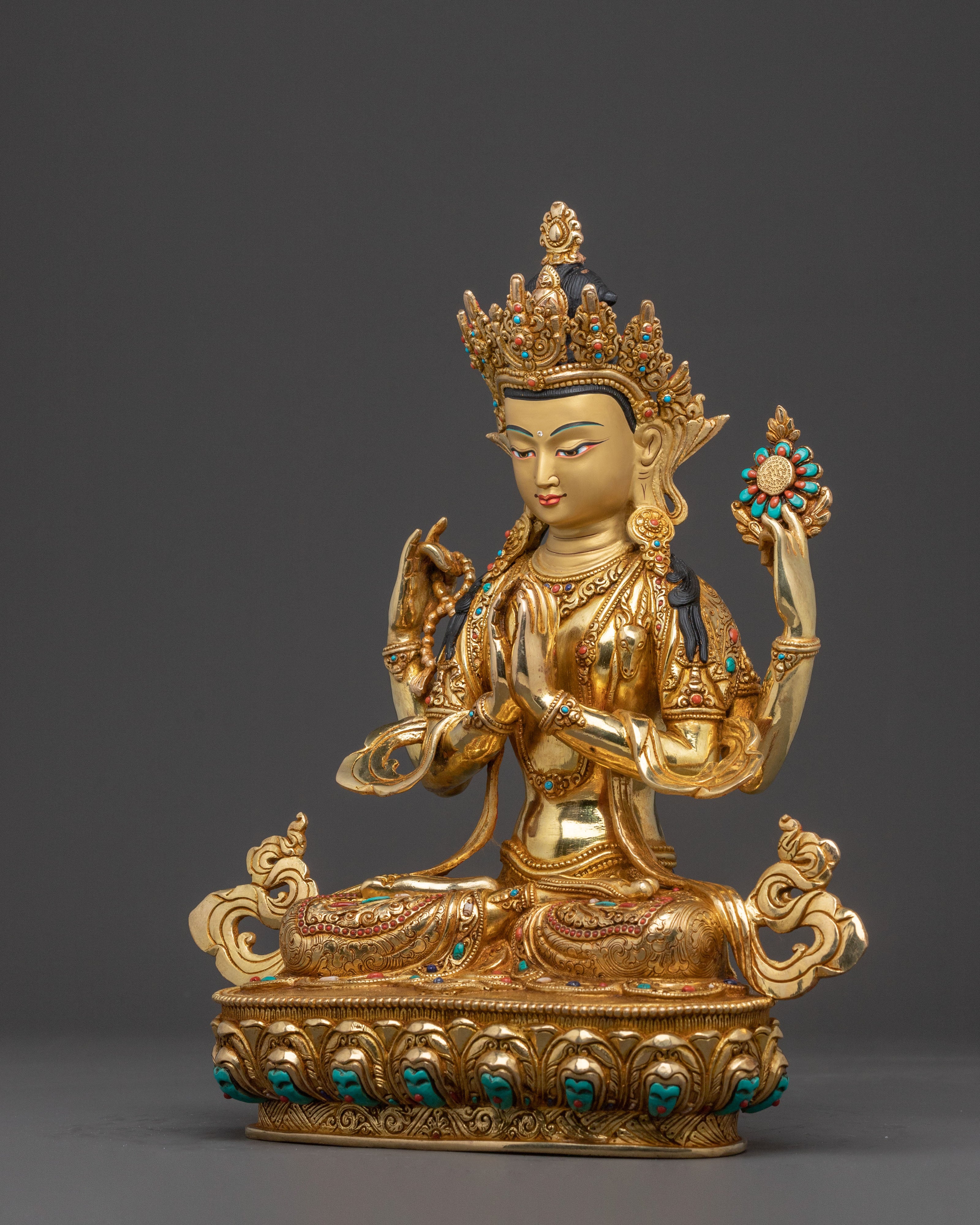 24K Gold Gilded Copper Chenrezig Statue | Patan Artistry