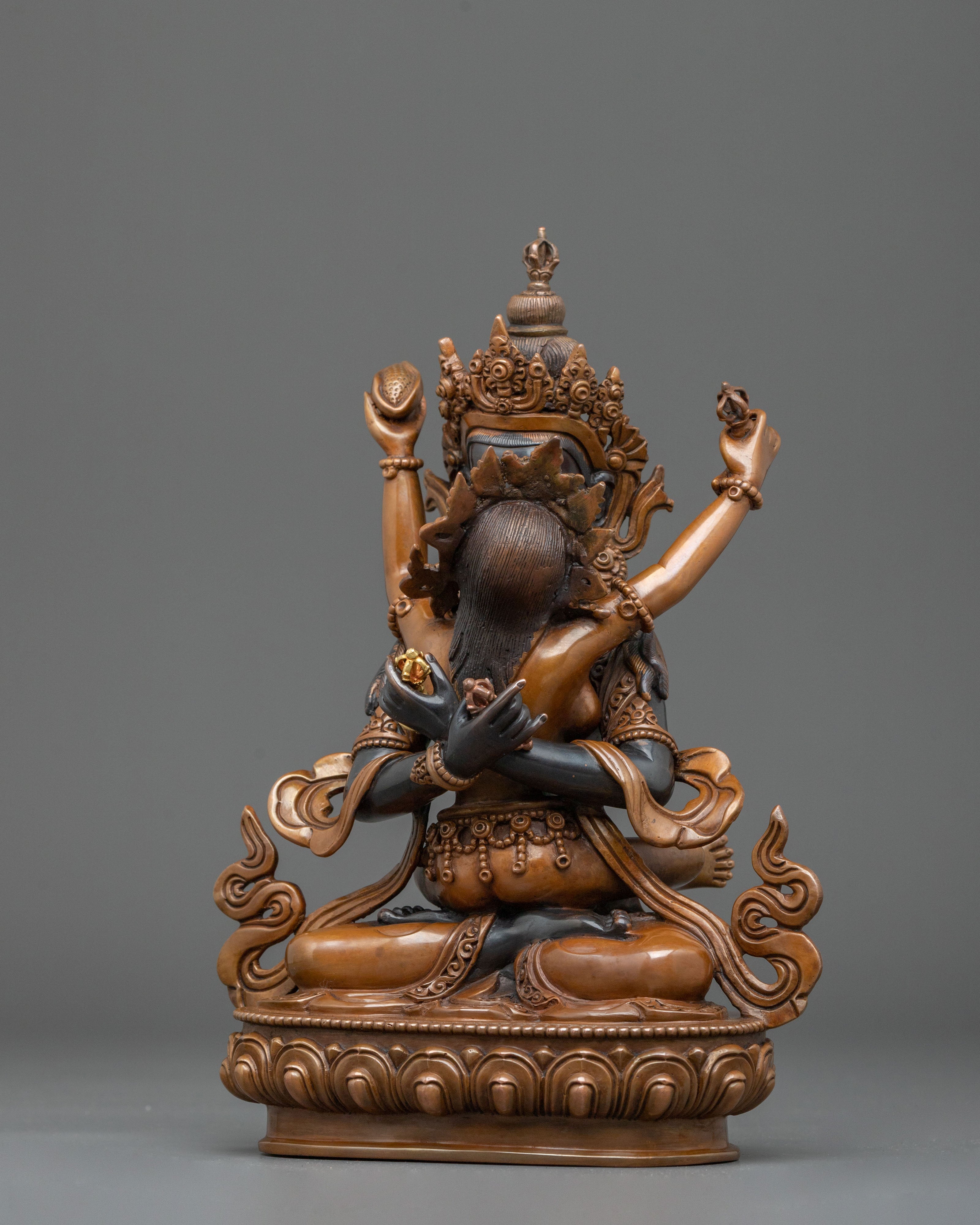 Vajradhara Sacred Sculpture with Consort: Oxidized Copper Staue