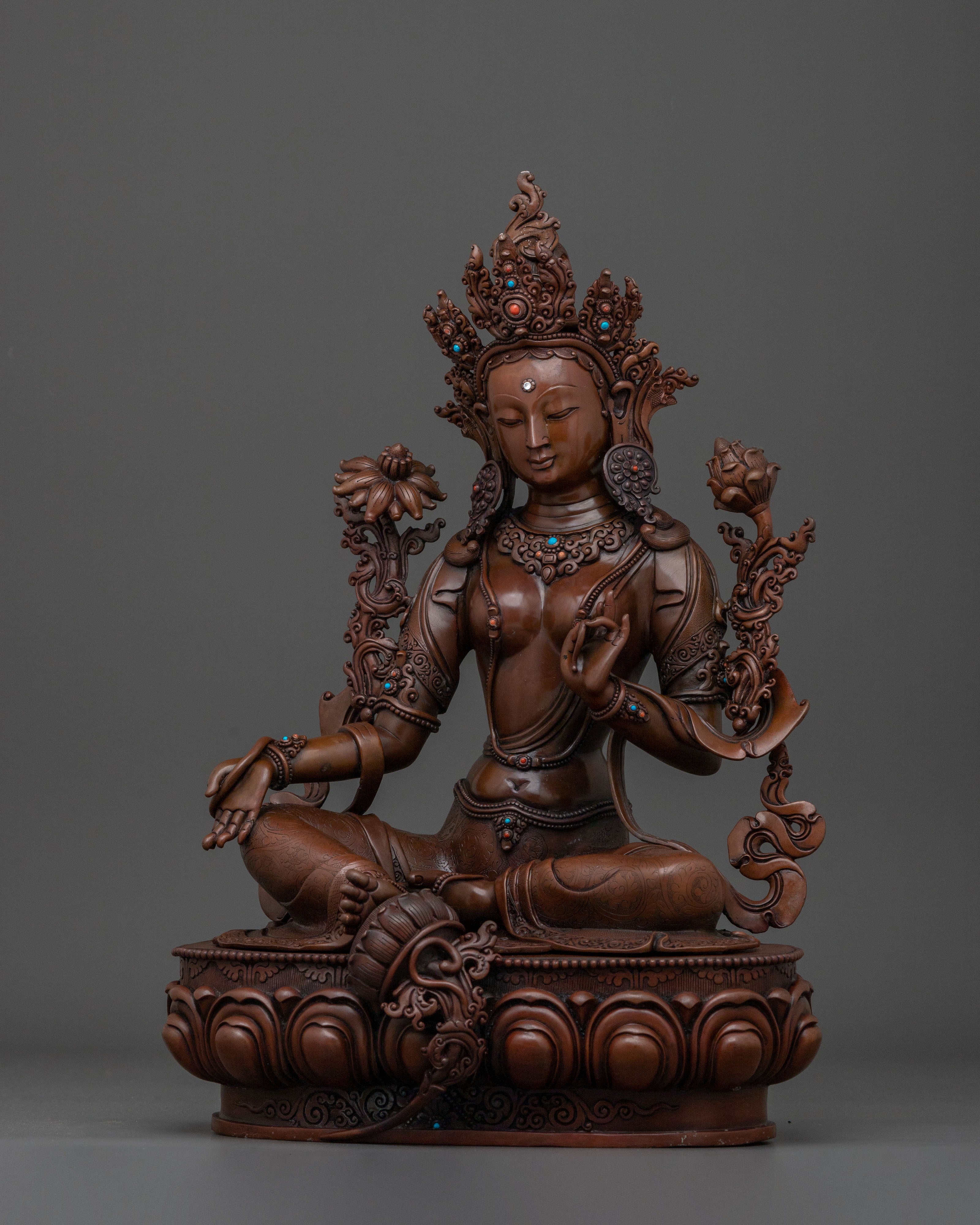 Compassion Goddess Green Tara: Oxidized Copper Sculpture