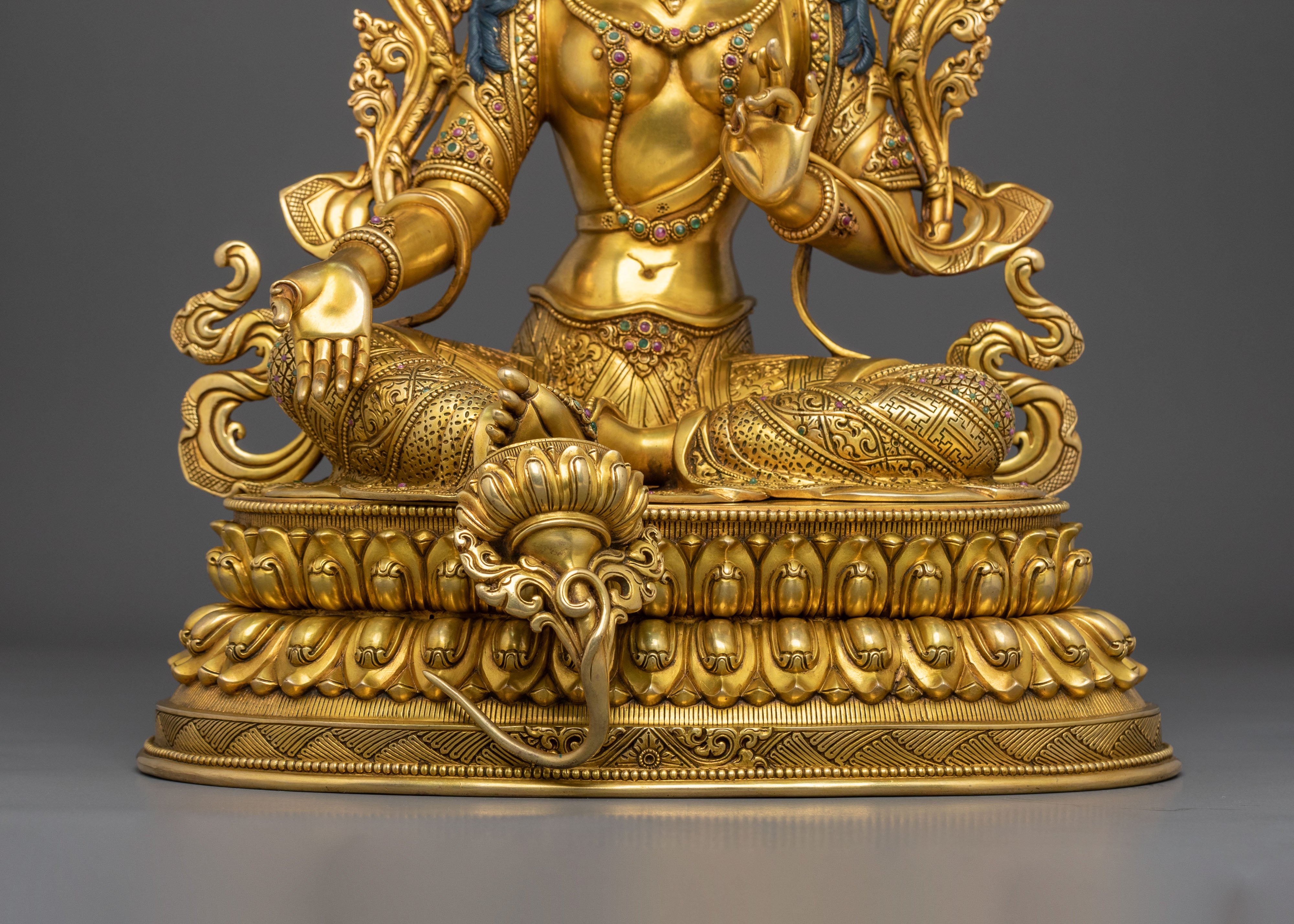 Tibetan Goddess Sculpture of Green Tara | 24K Gold Gilded Compassion Statue