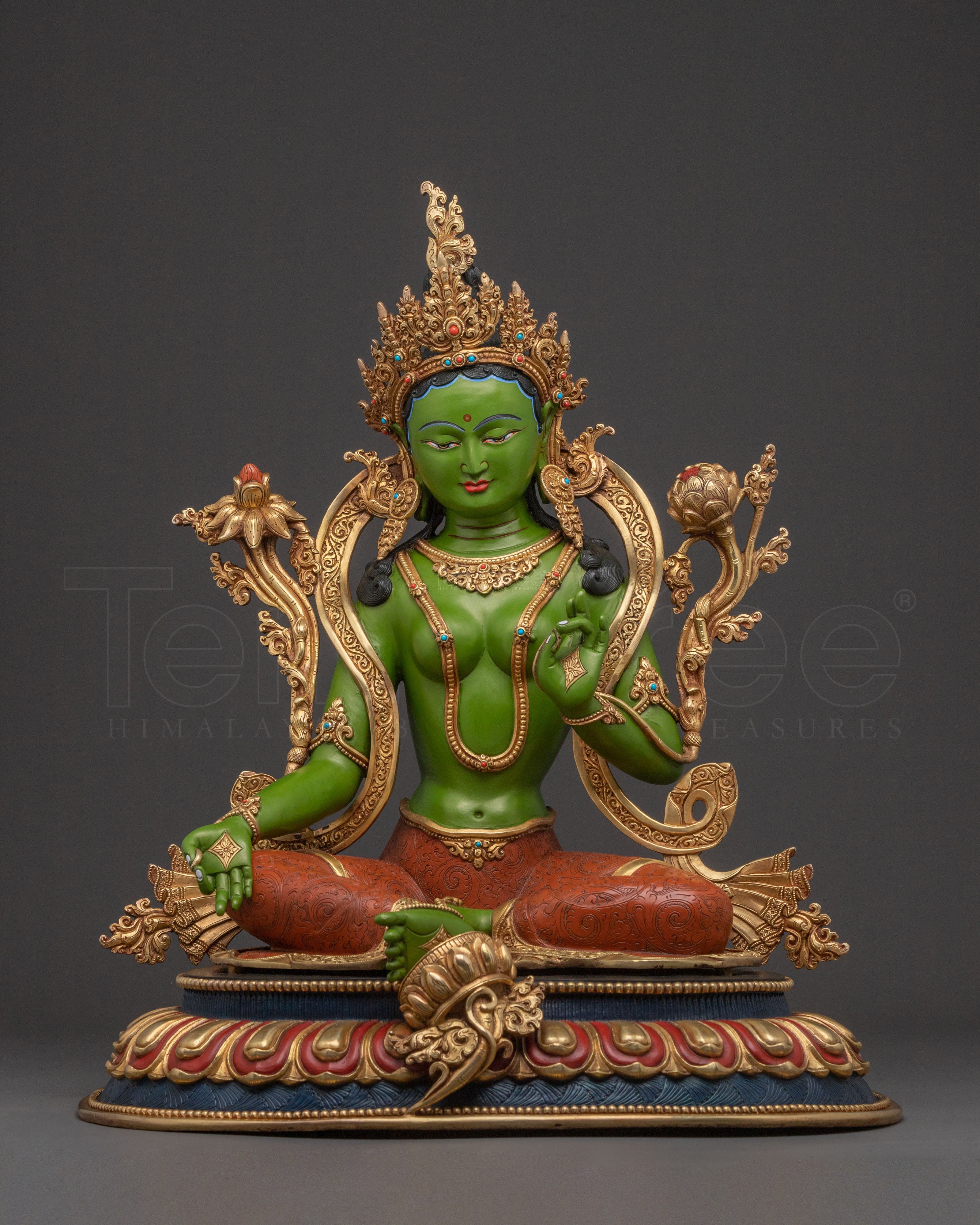19 Inch Green Tara Statue: 24K Gold Gilded