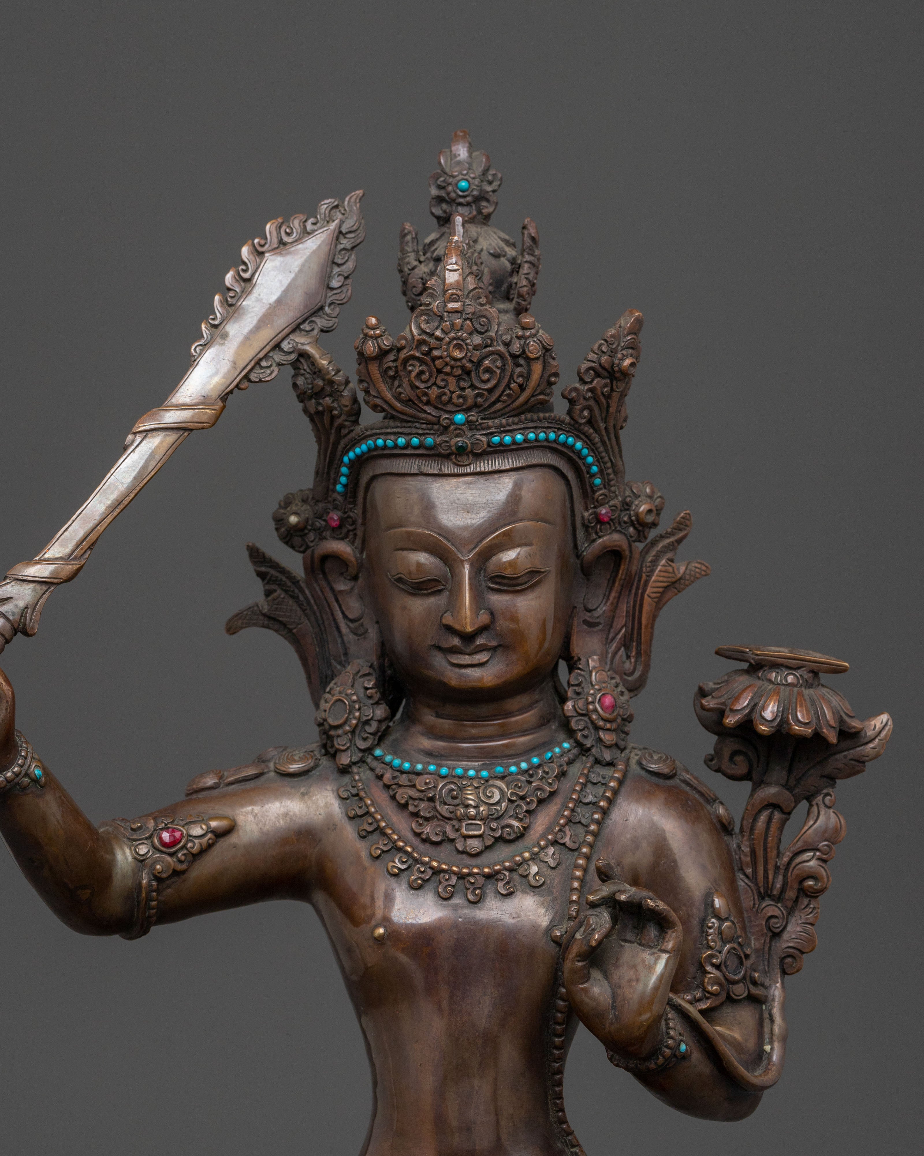 Wisdom Statue of Manjushri: Oxidized Copper Figurine