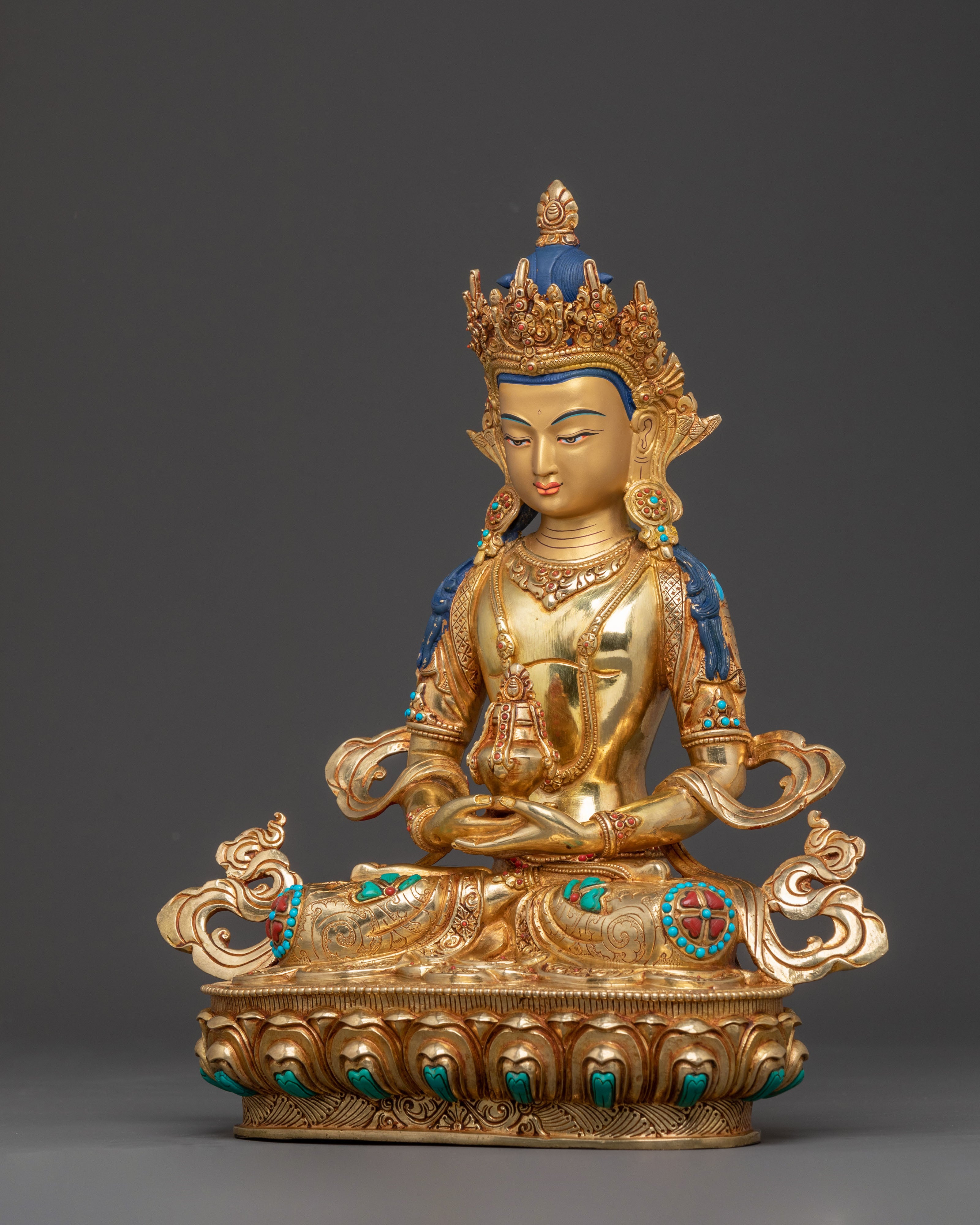 Amitayus Sacred Handcrafted Statue: 24K Gold Gilded Masterpiece