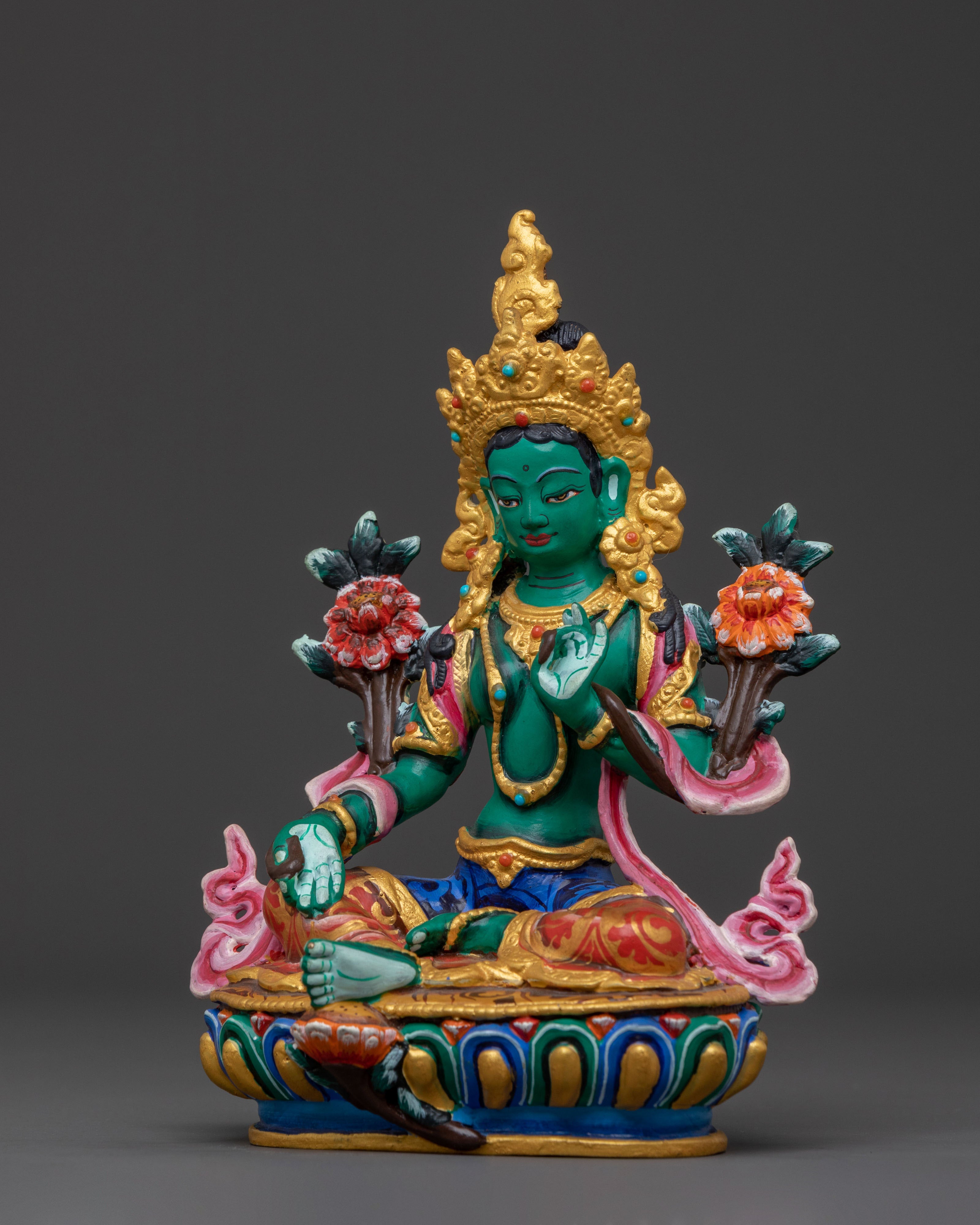 Green Tara Statue with Acrylic Paintings: Goddess of Compassion