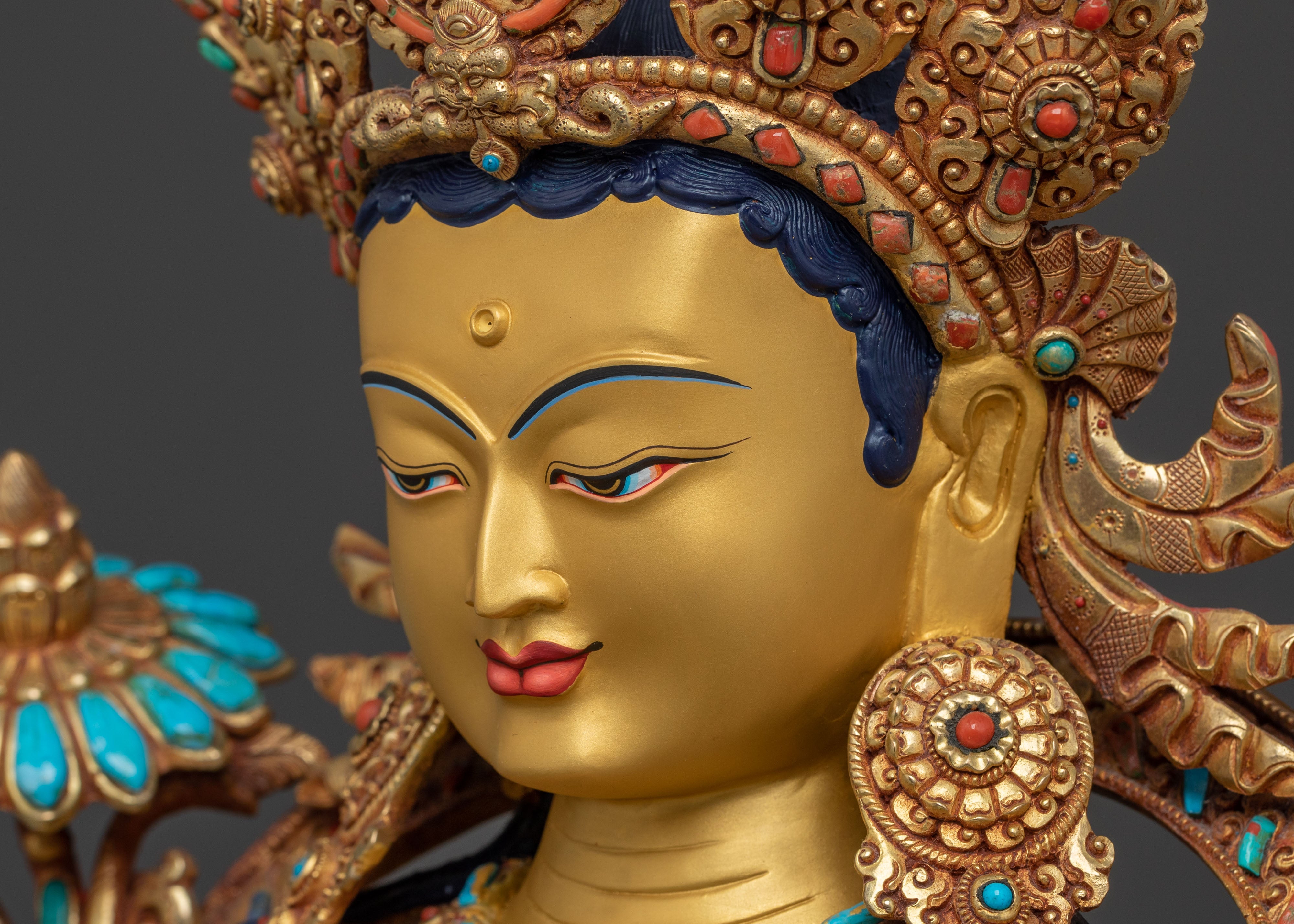 Handcrafted Green Tara Statue | 24K Gold Gilded