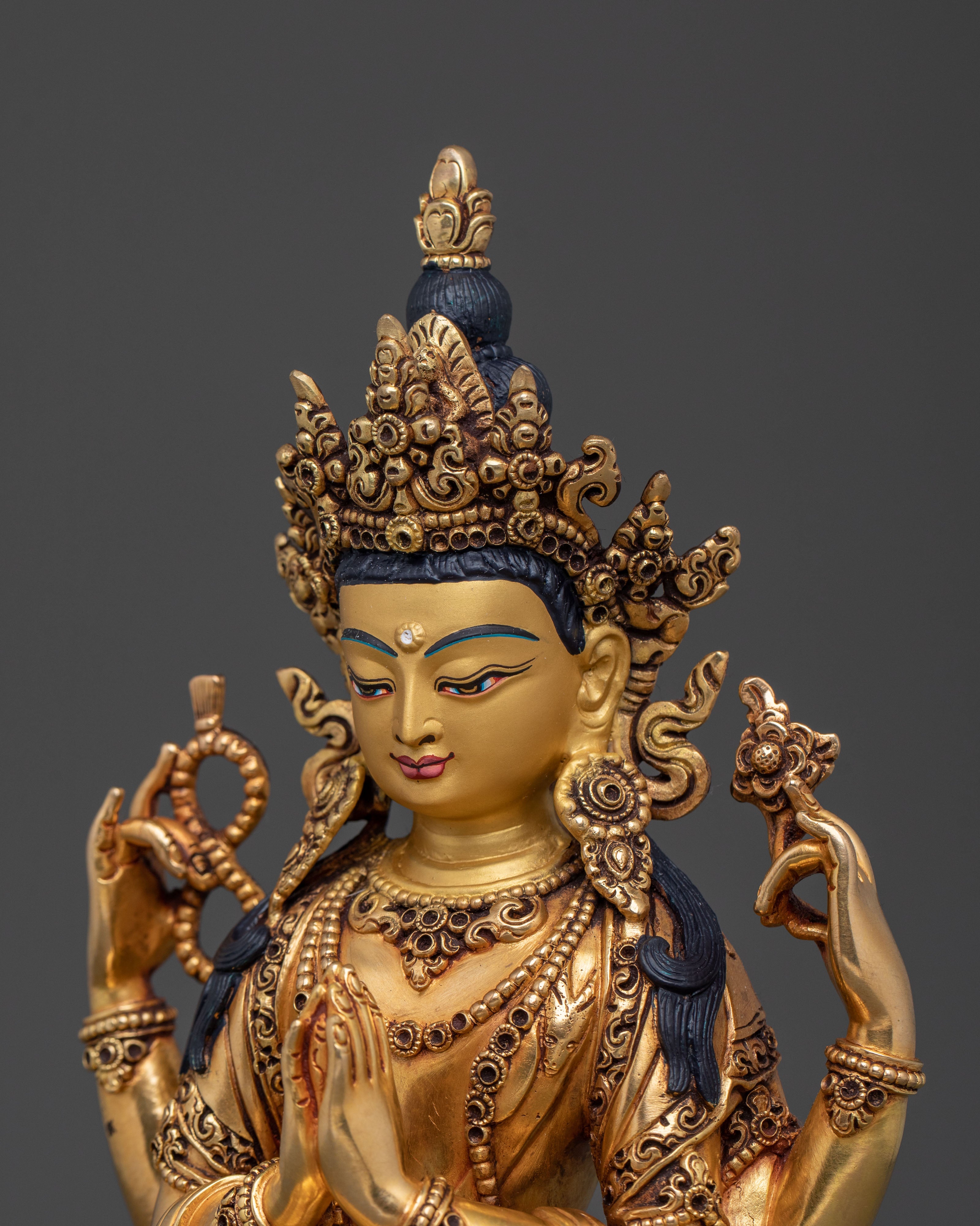 Chenrezig, Hand-Gilded Copper Statue