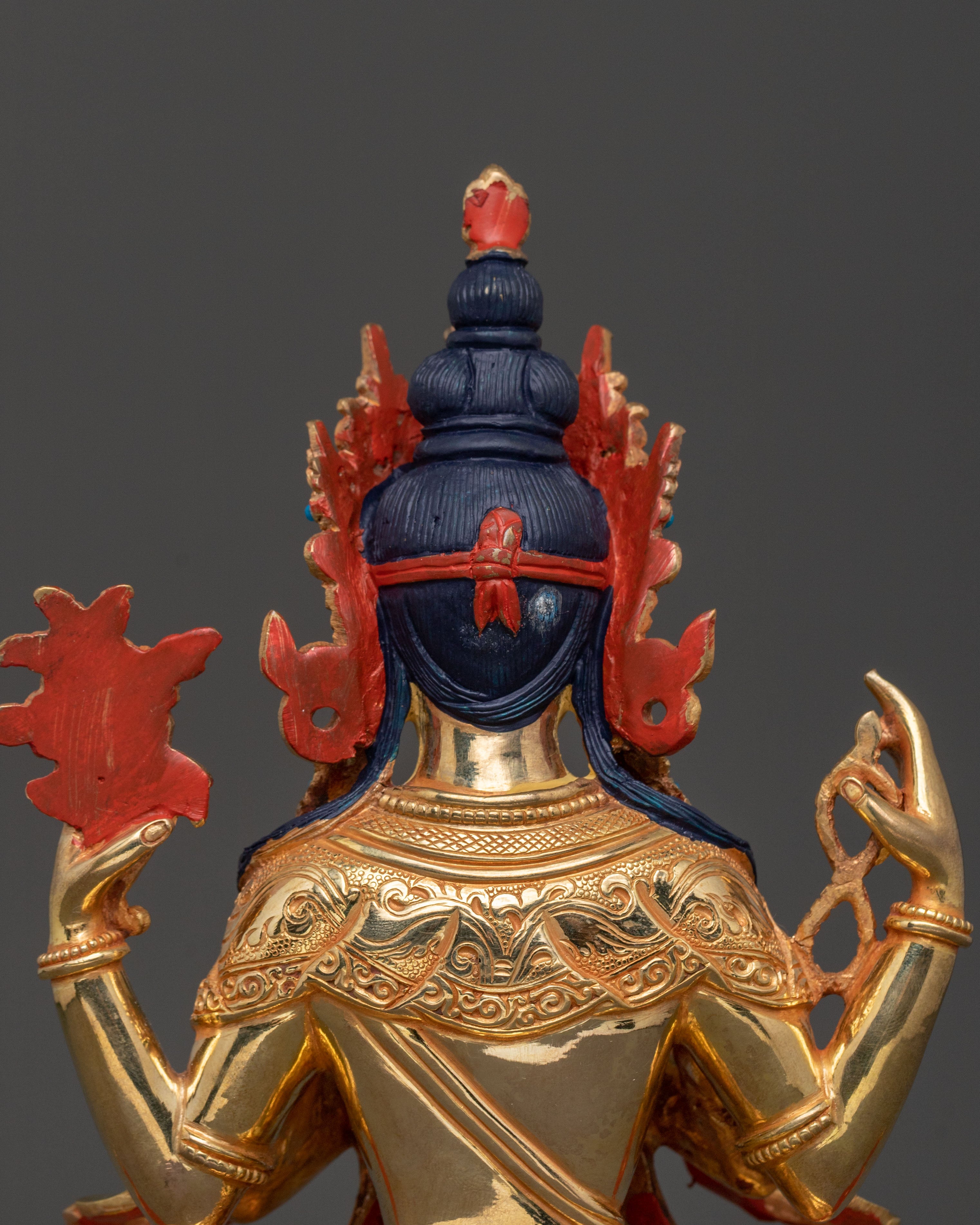 Four Armed Chenrezig Sacred Statue in Shimmering 24K Gold