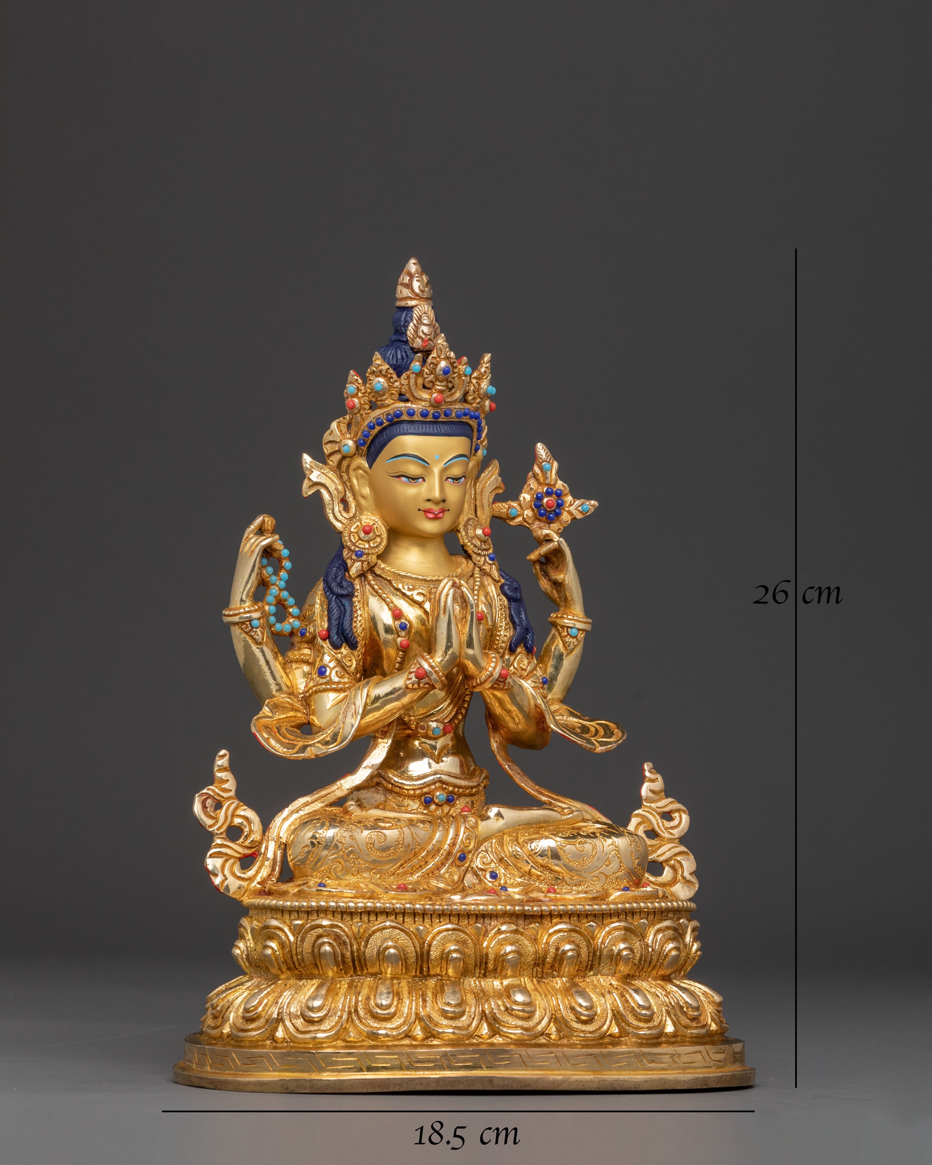 24k Gold Gilded Statue of Chenrezig Bodhisattva - Exquisite Copper Art