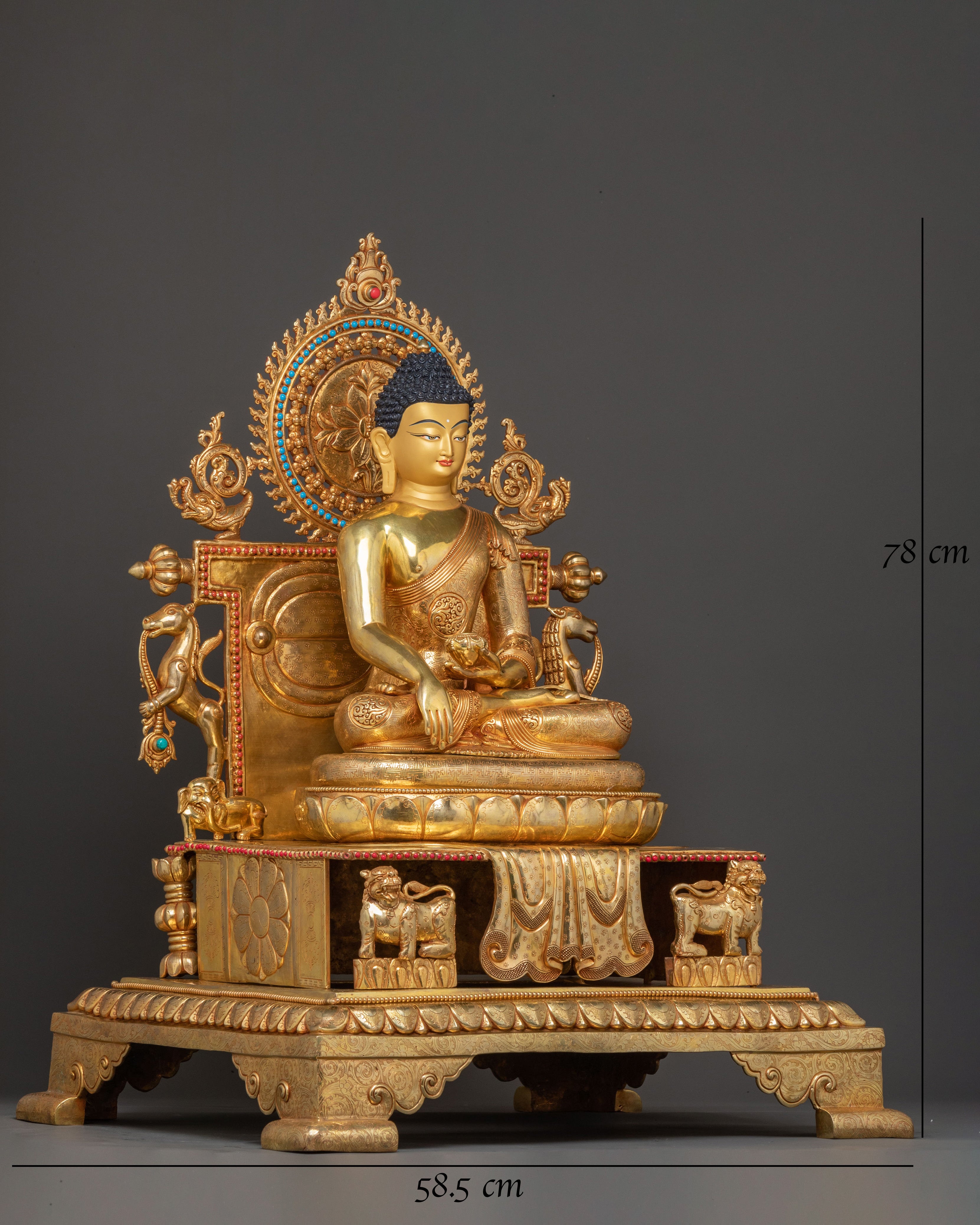 Sacred Statue of Shakyamuni Buddha in Throne – 24K Gold Gilded Artistry