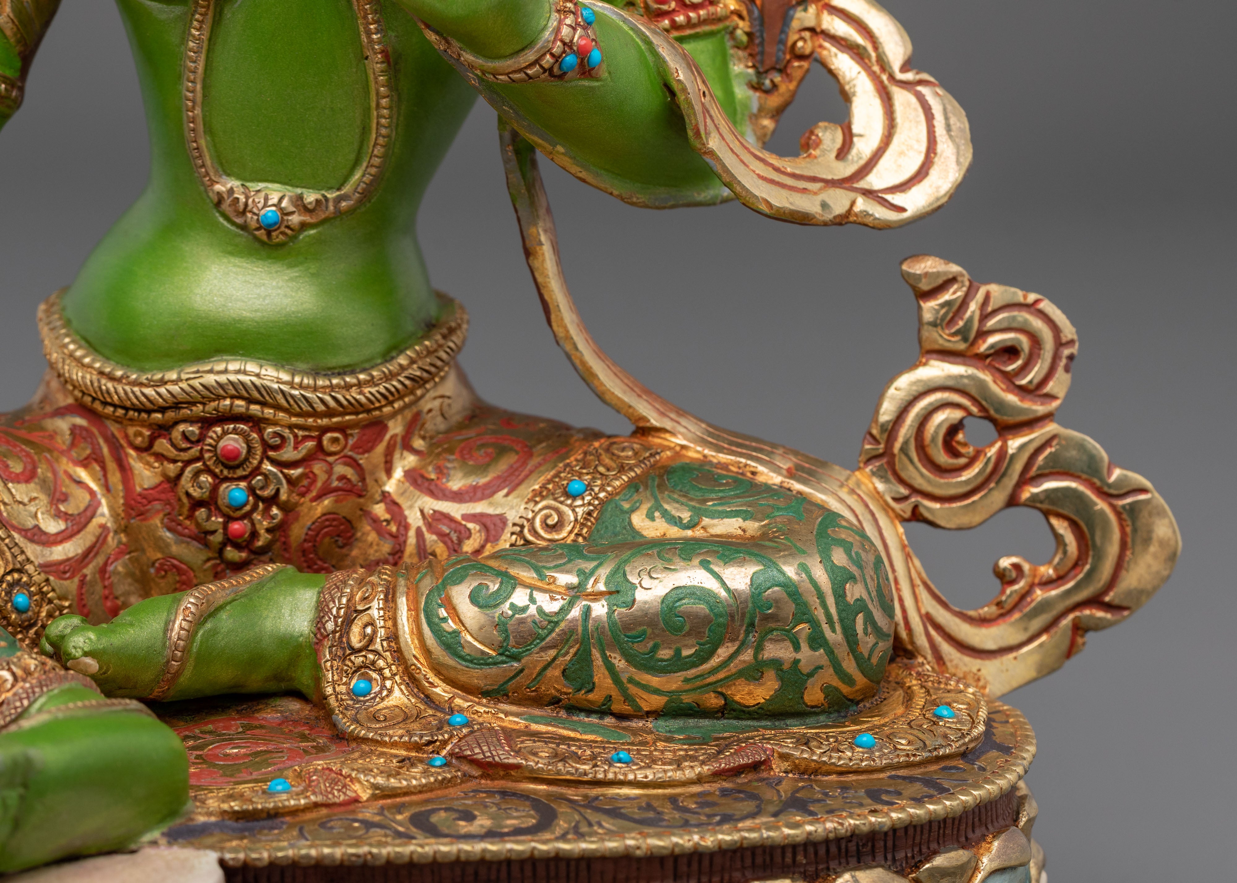 Traditional Green Tara Golden Statue | Tibetan Buddhist Compassion Deity