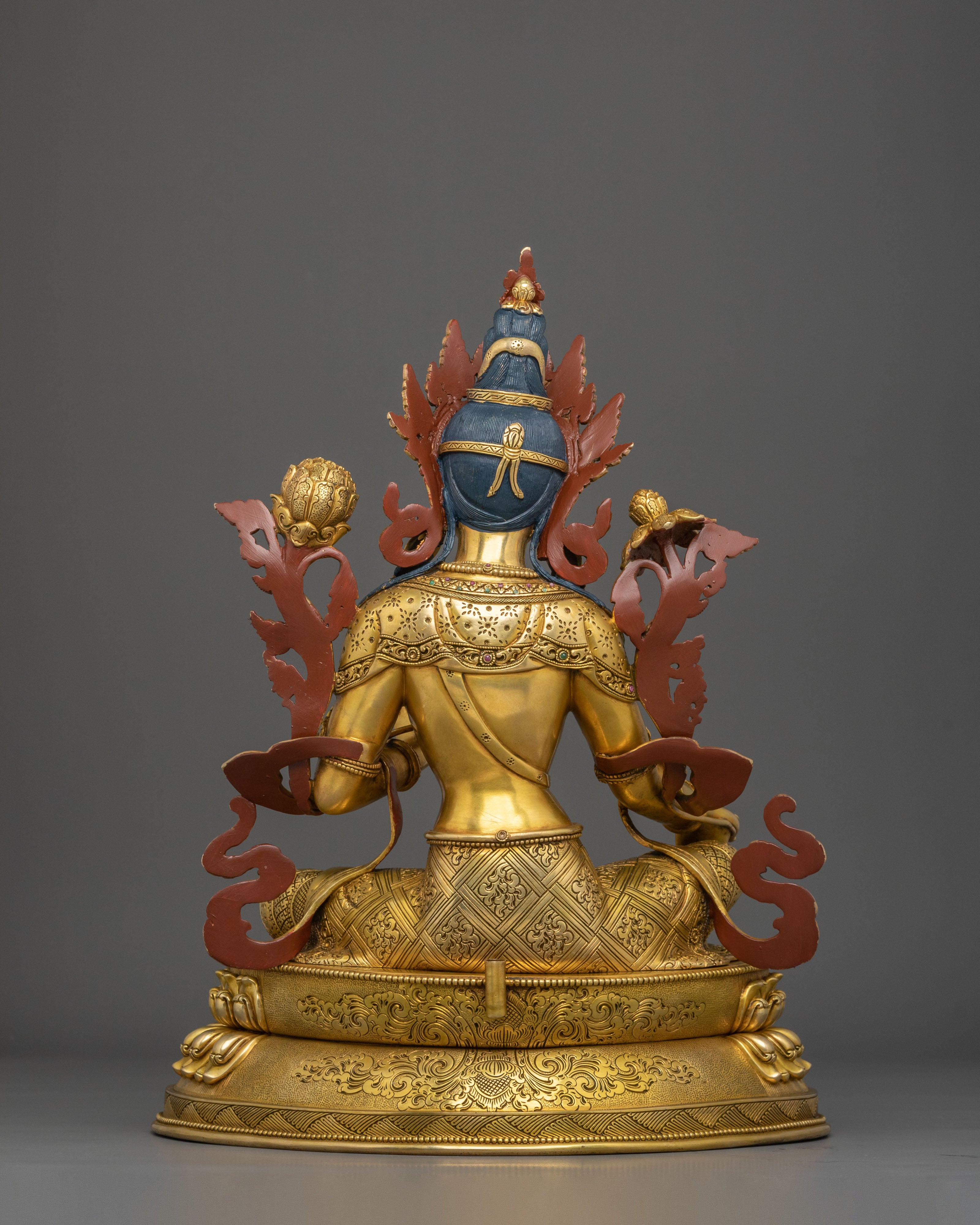 Tibetan Goddess Sculpture of Green Tara | 24K Gold Gilded Compassion Statue