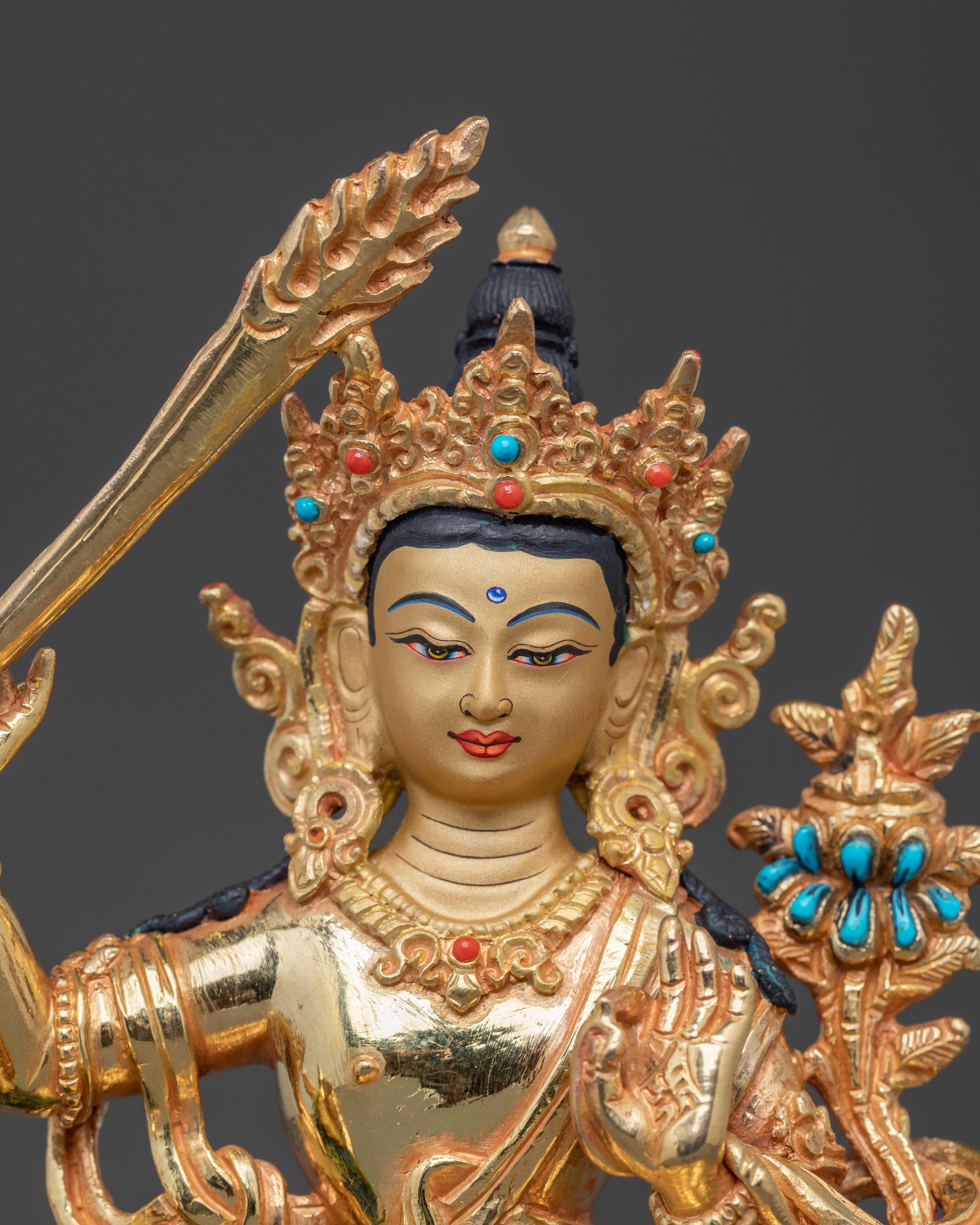 Simhanada Manjushri Wisdom Statue – Gold Gilded Copper Statue