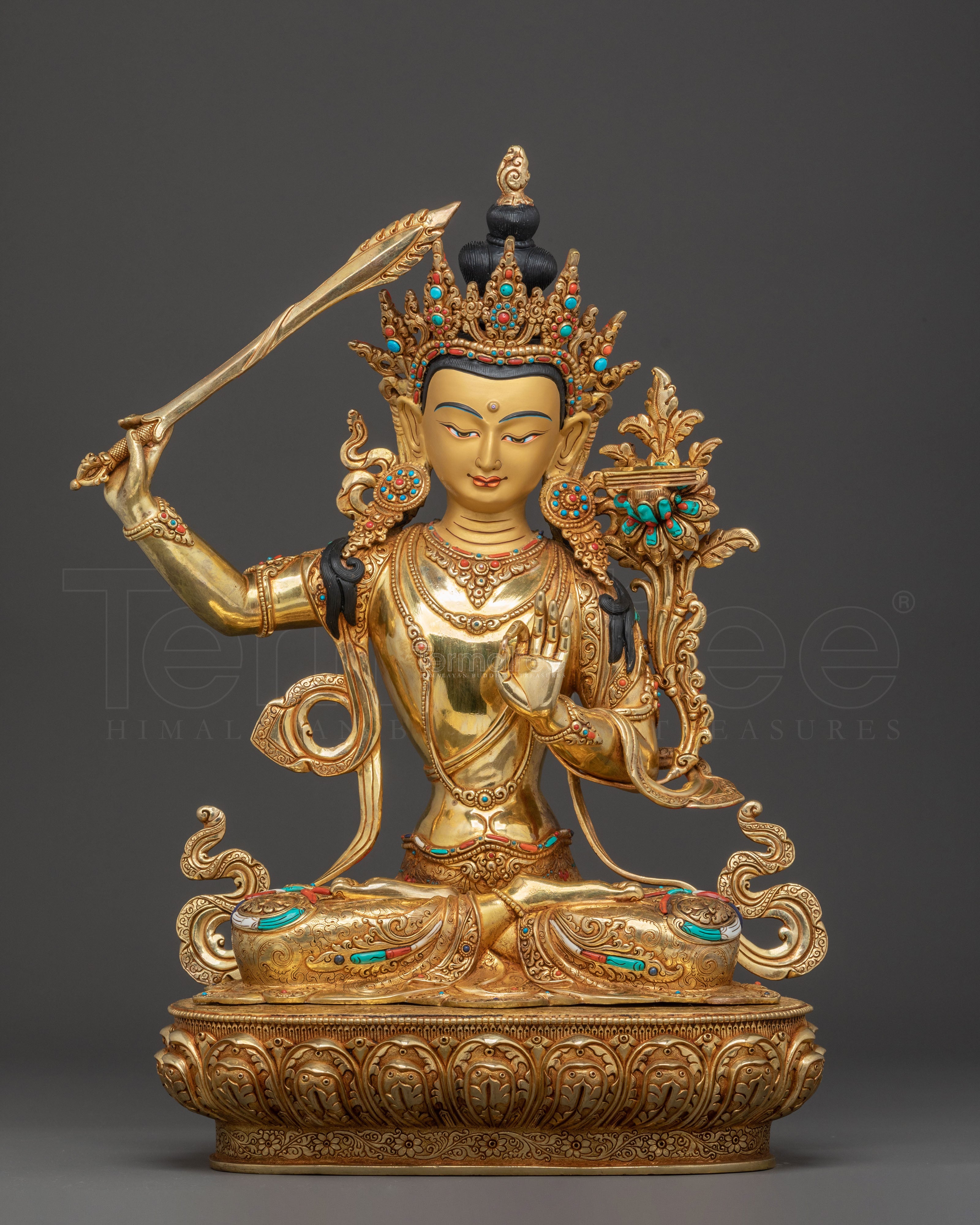 Handcrafted Wisdom Bodhisattva Manjushri Statue - 24K Gold Gilded Masterpiece