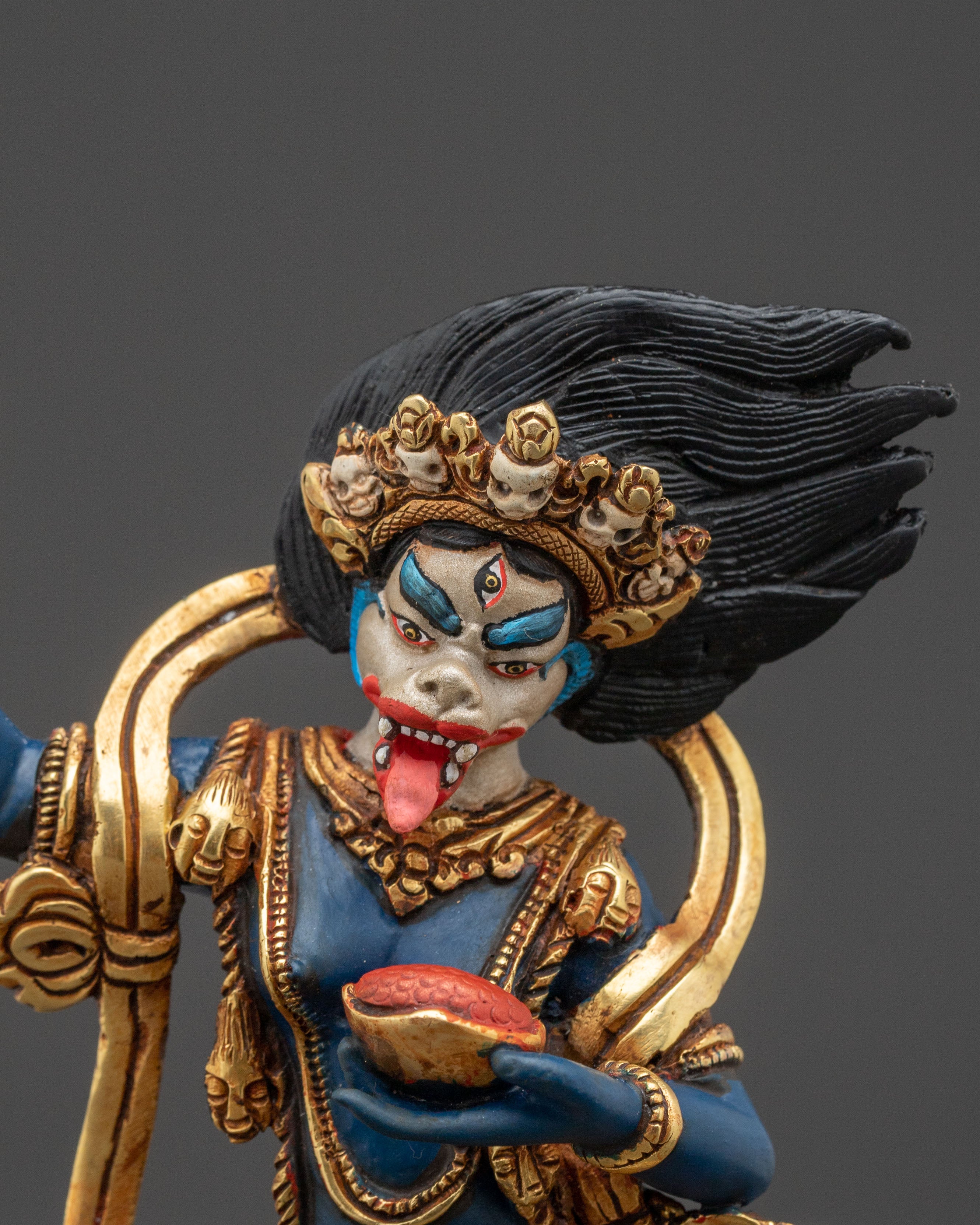 Shima mukha Lion Faced Dakini Statue: Gilded Copper Art