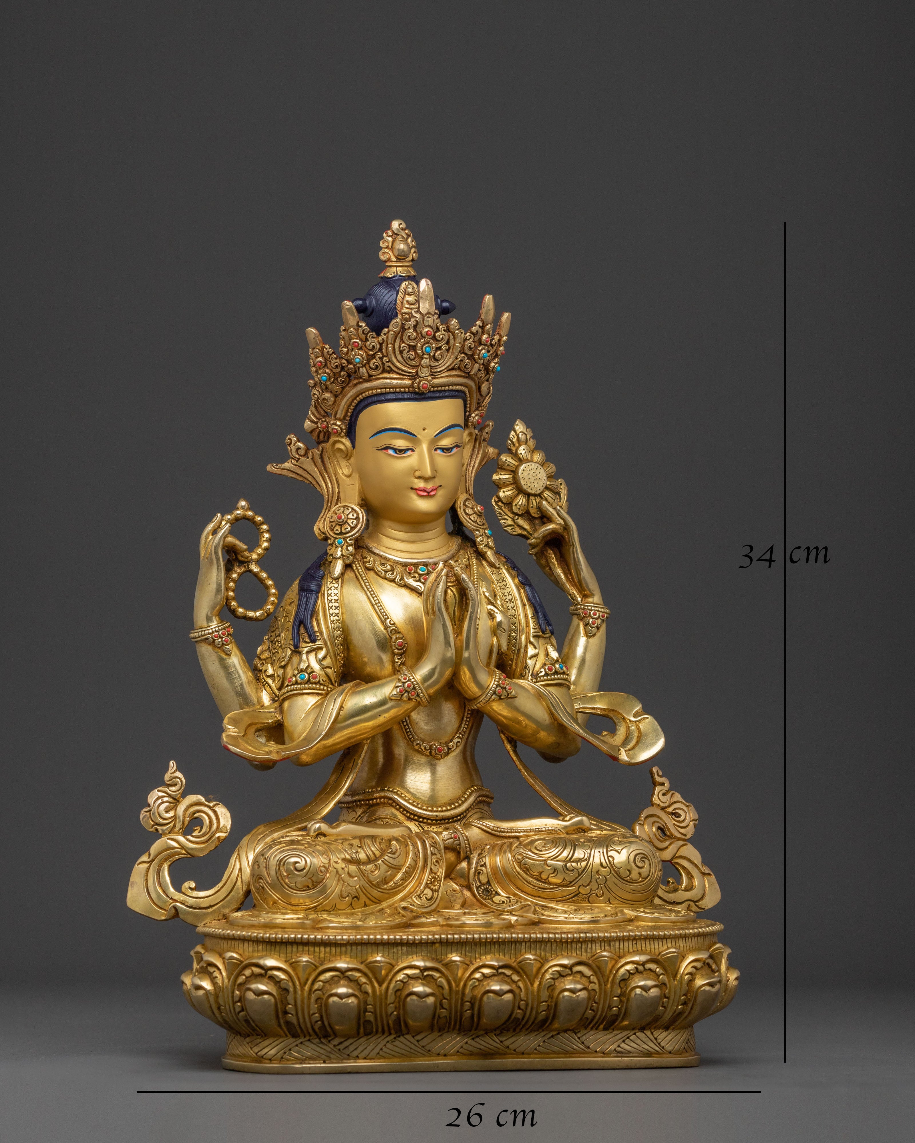 Handcrafted Chenrezig Traditional Statue: 24K Gold Gilded