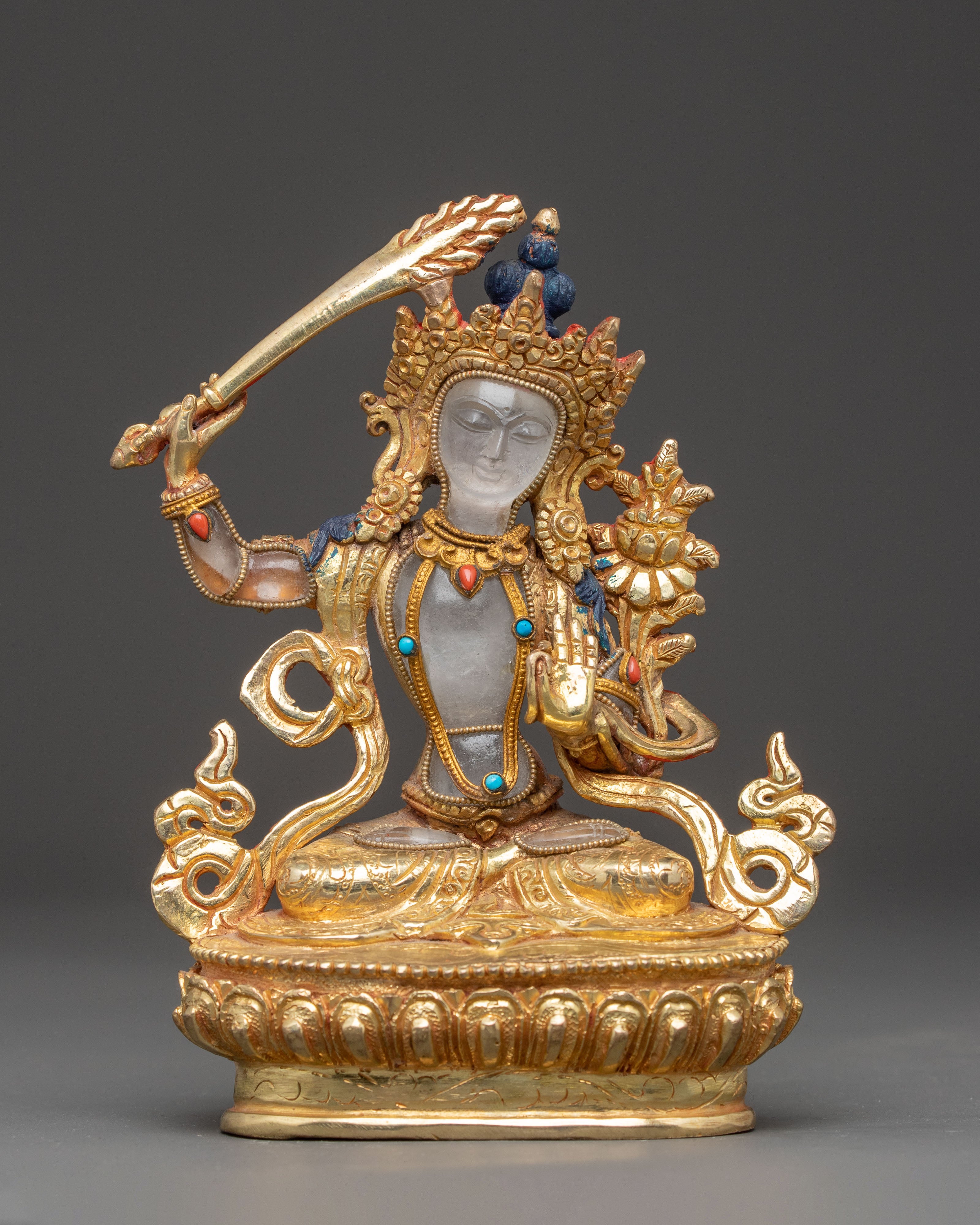 Handcrafted Crystal Bodhisattva Manjushri Statue