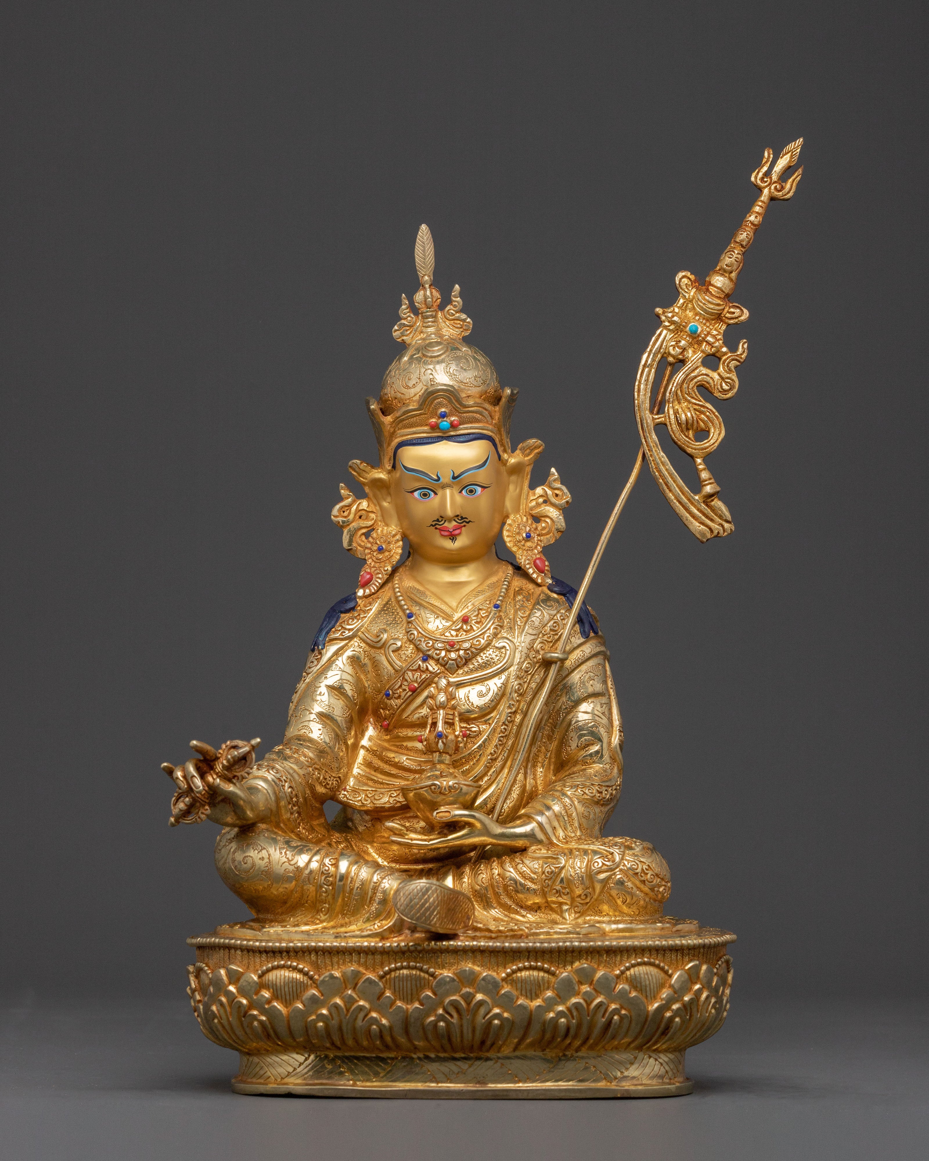 Guru Rinpoche Spiritual Protector Statue: 24K Gold Gilded Statue