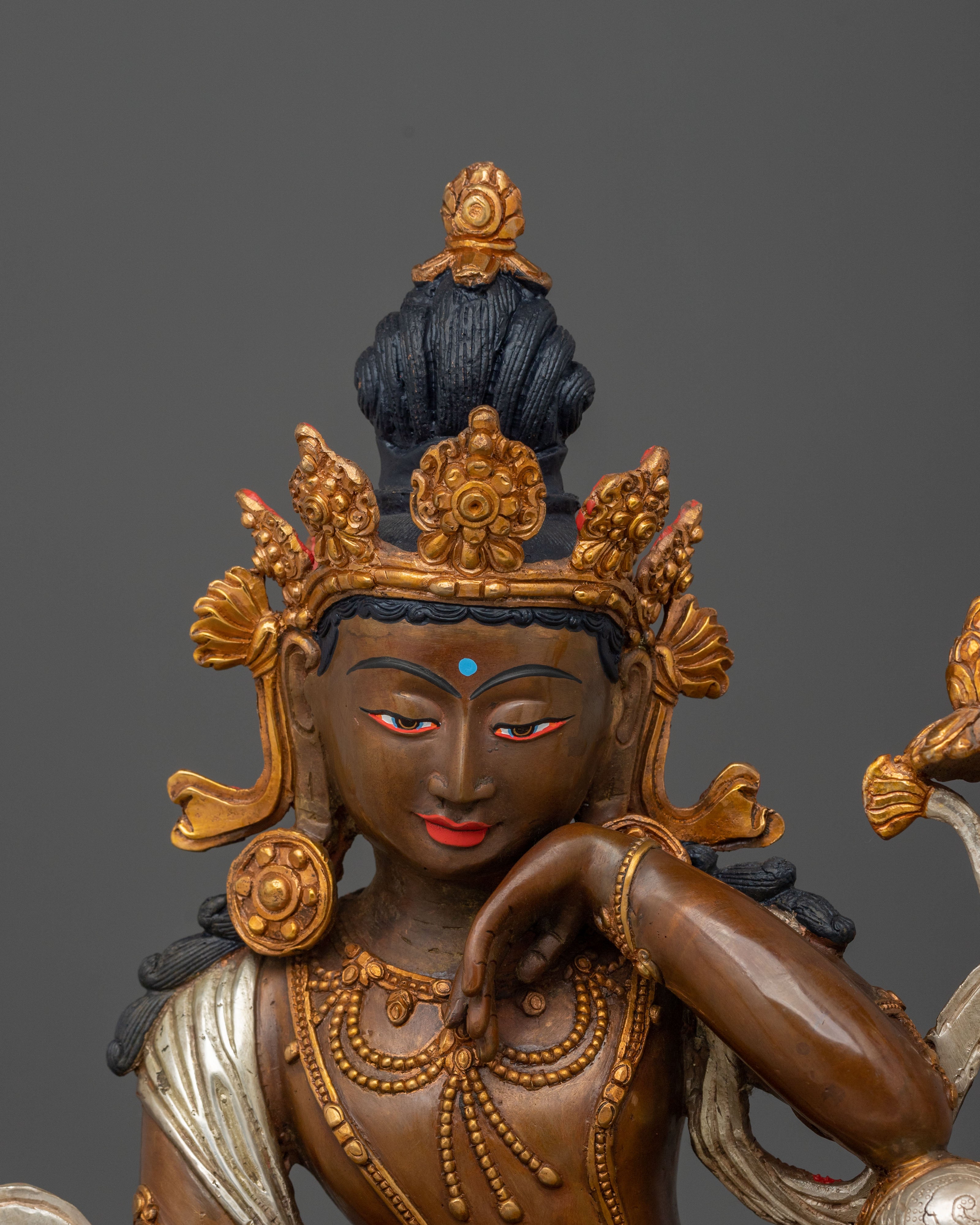 Avalokiteshvara Bodhisattva of Compassion Statue in Silver and Gold Plated