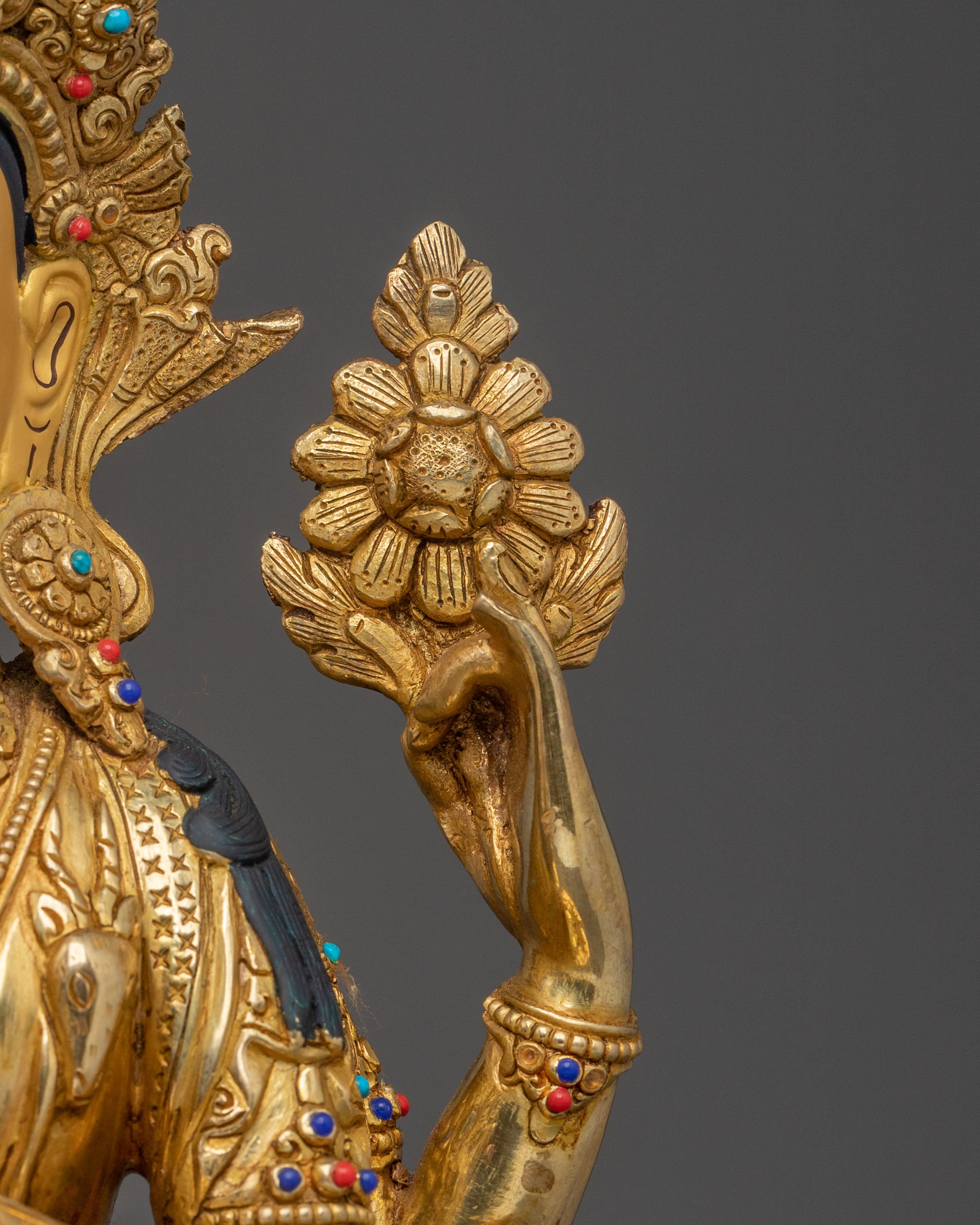 Four-Armed Chenrezig Statue: 24K Gold Gilded Serenity