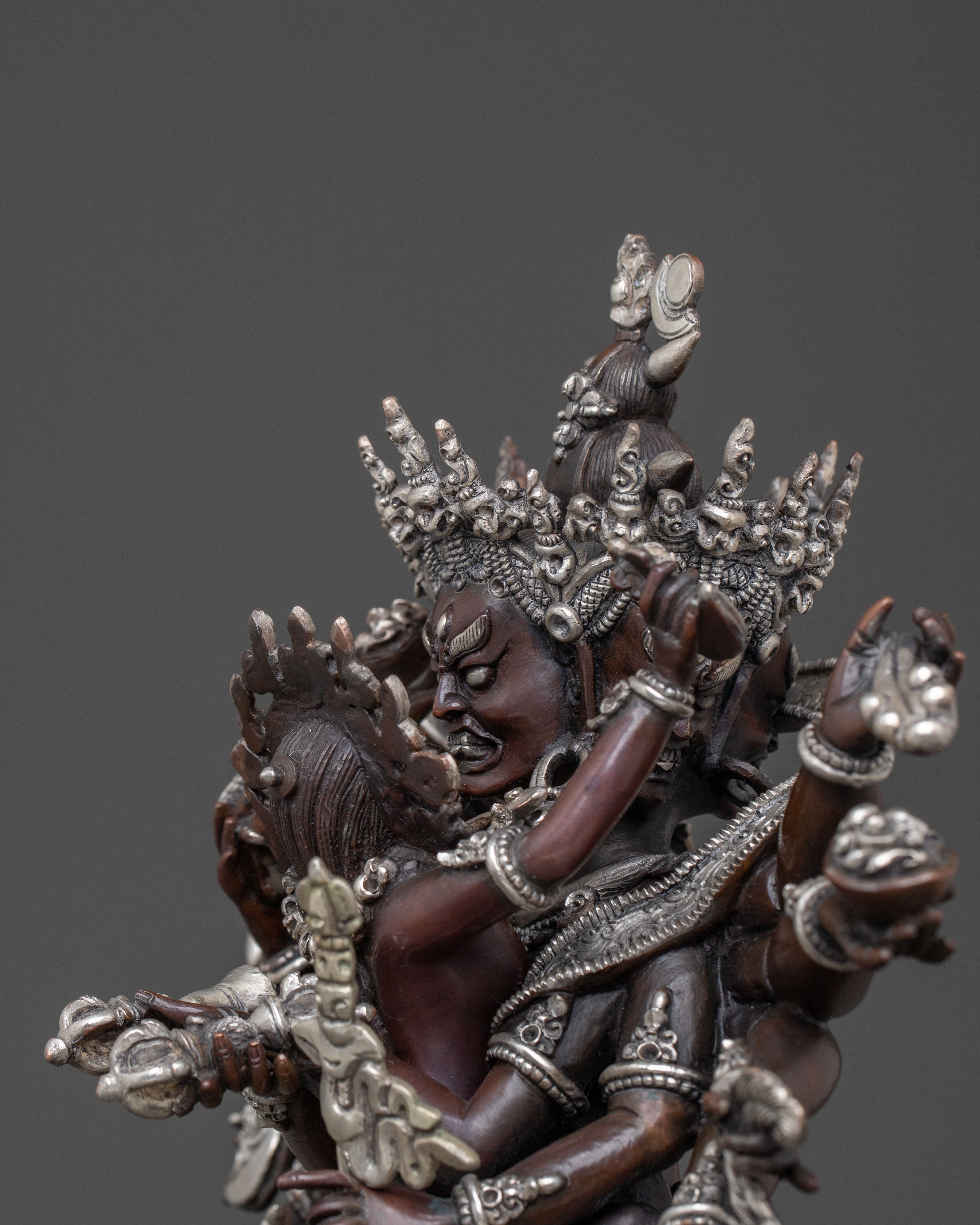 Chakrasamvara: Oxidized Copper Statue with Silver Plating