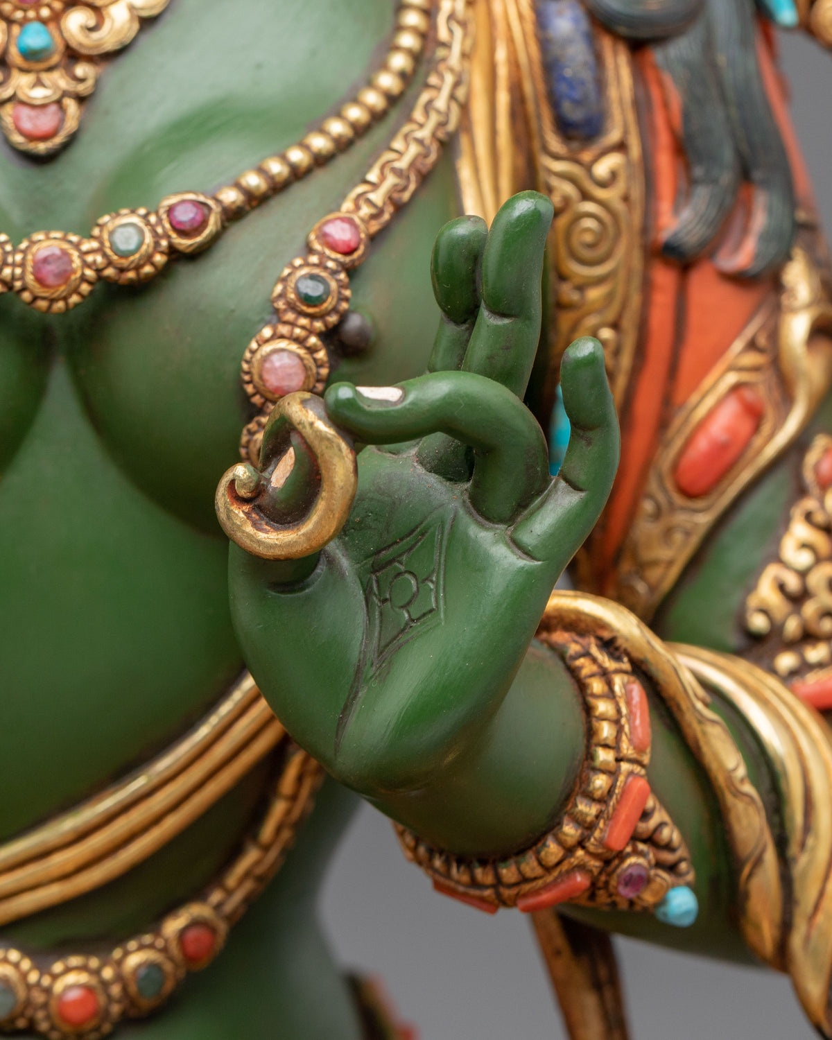 Green Tara Sculpture | Handmade Statue Adorned with Gemstones