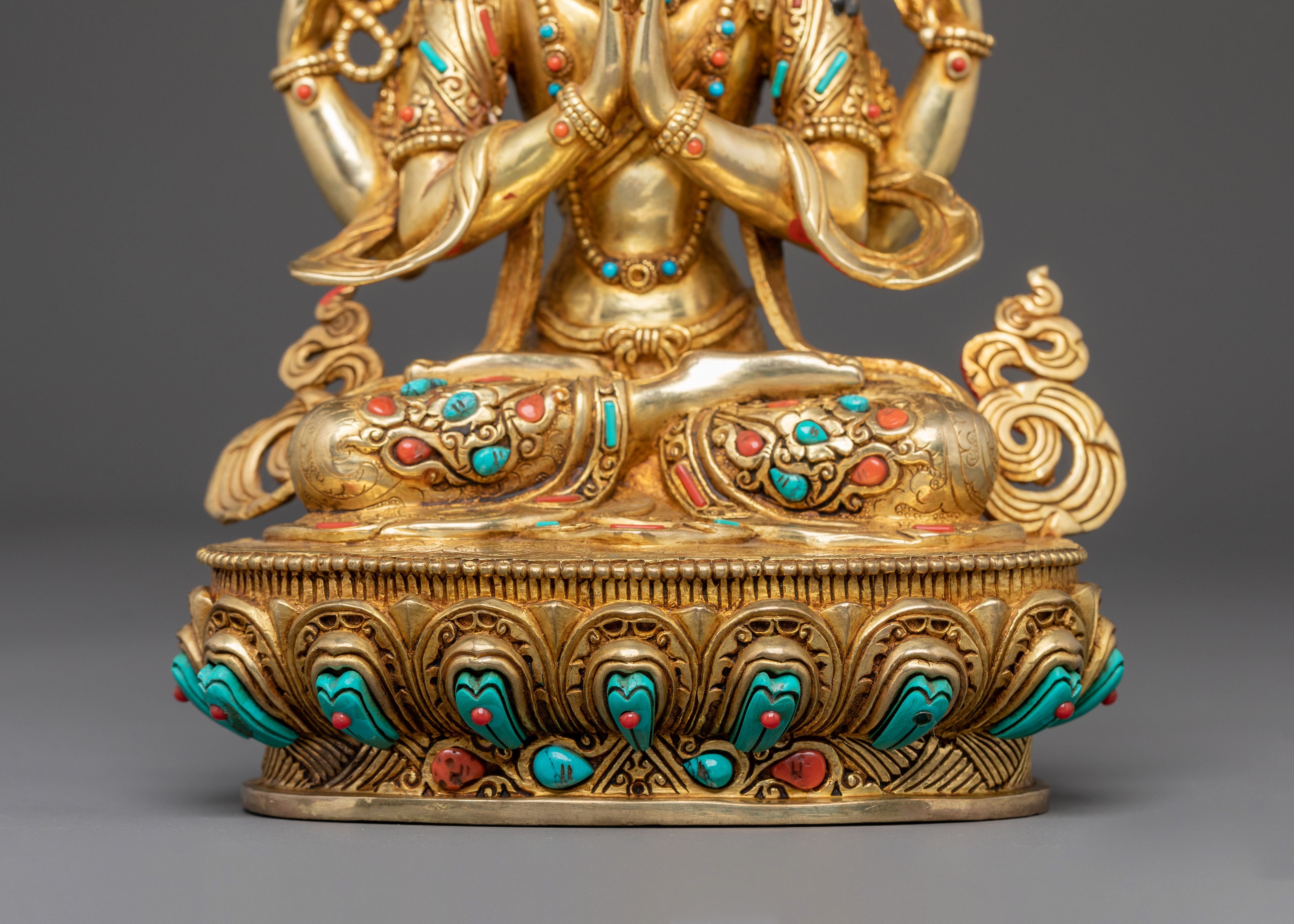 Handcrafted 24K Gold Gilded Chenrezig Statue | Sacred Nepalese Art