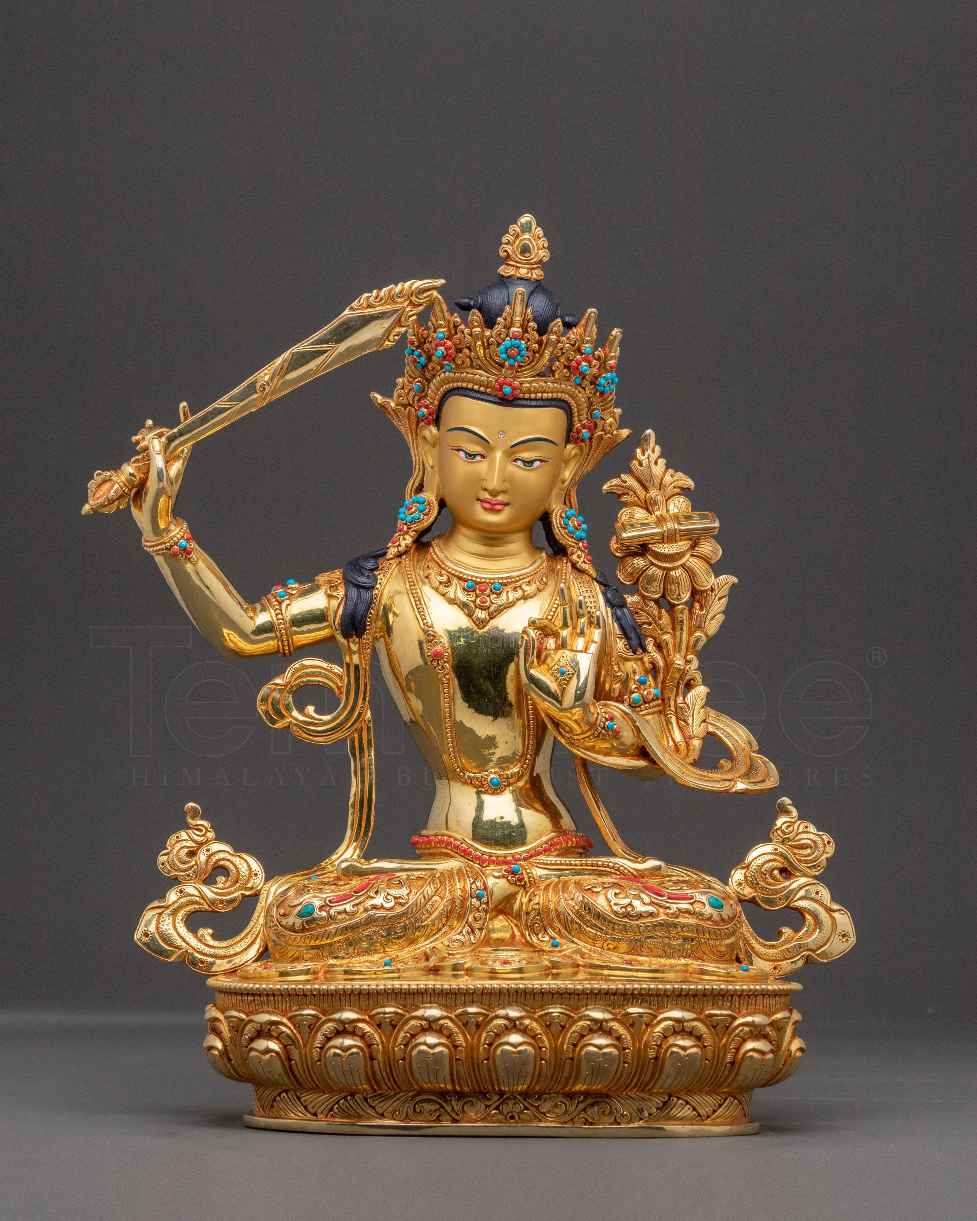 Manjushri Wisdom Icon Statue - Exquisitely Gilded Copper