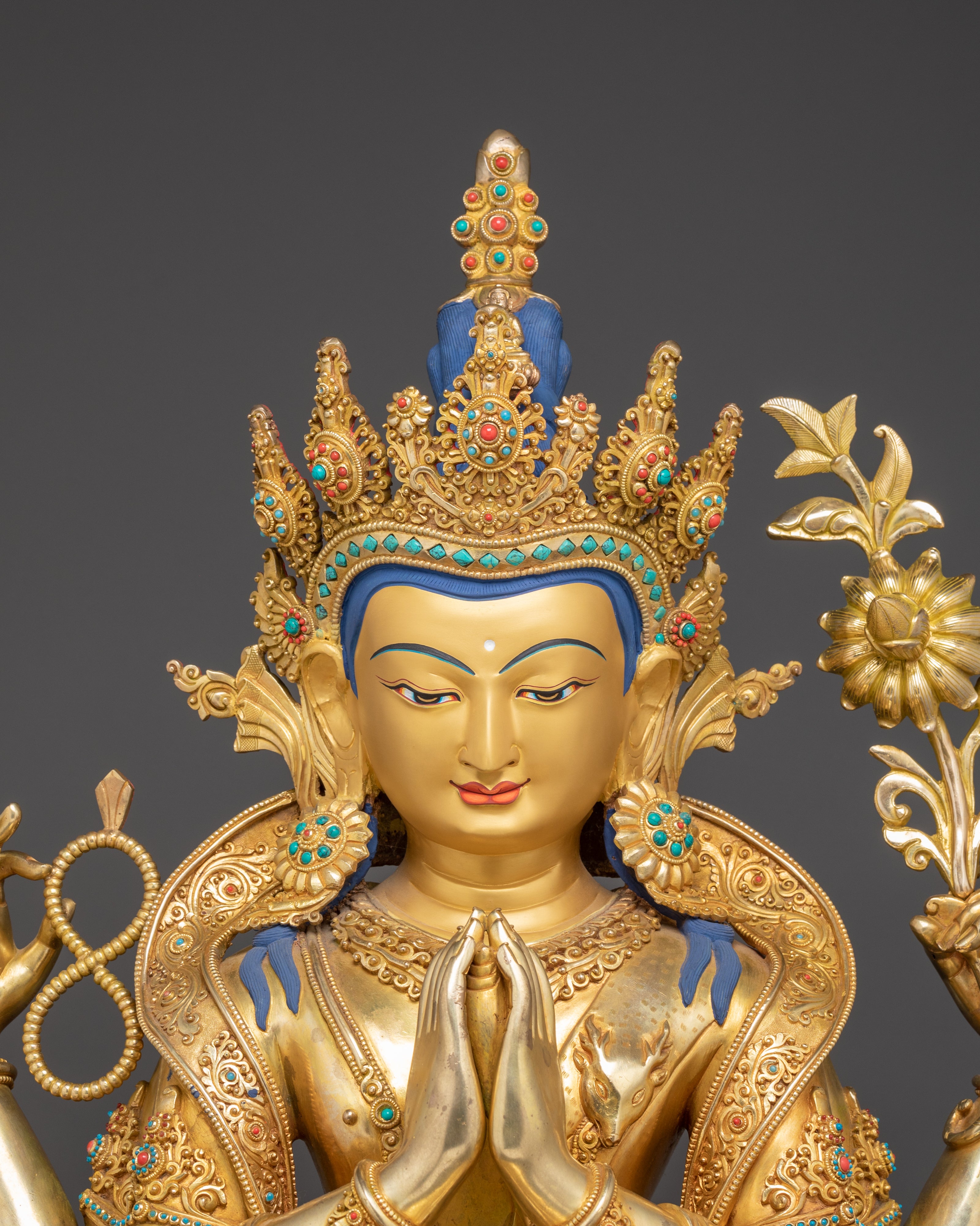 Handmade Golden Statue of Chenrezig | Compassion Deity