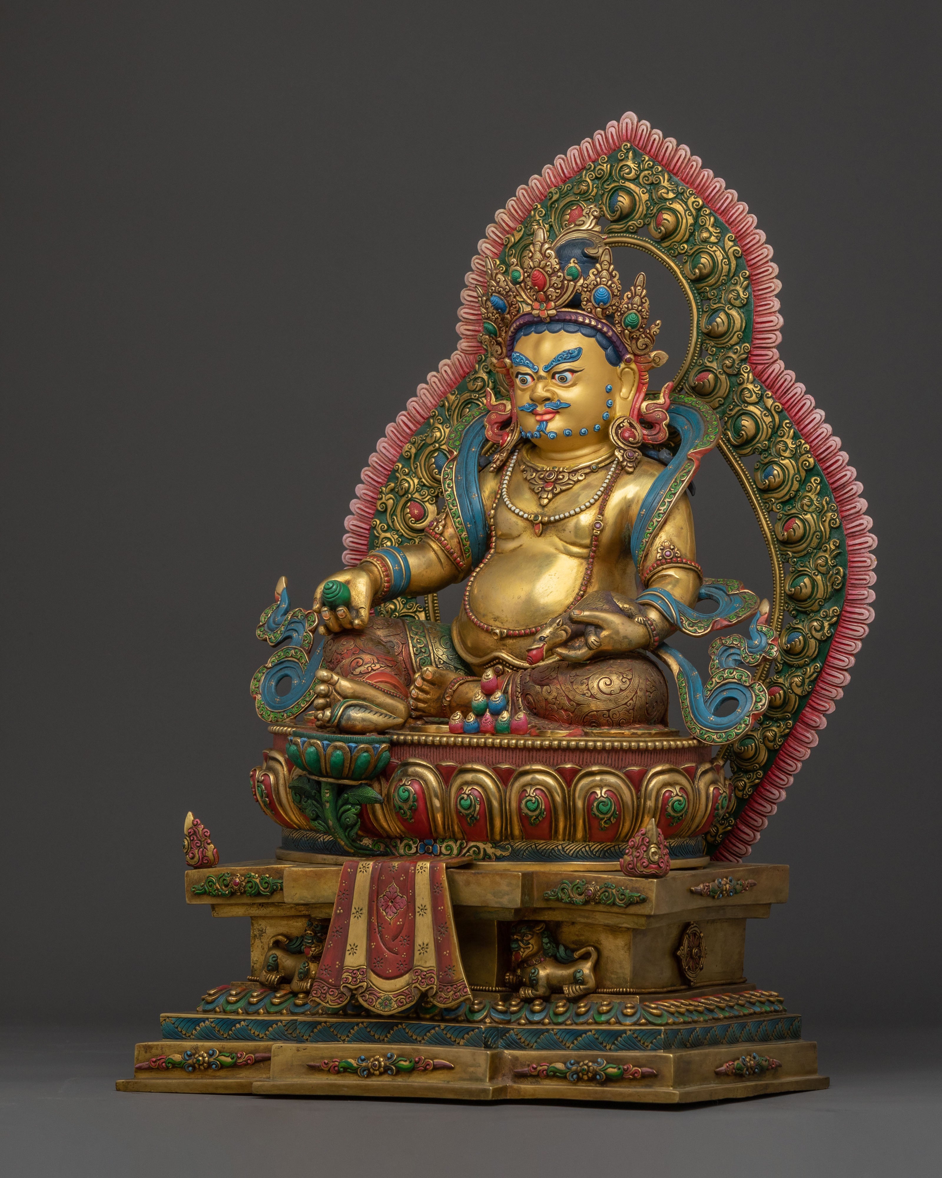 Divine Statue of Dzambhala on Throne: 24K Gold Gilded Masterpiece