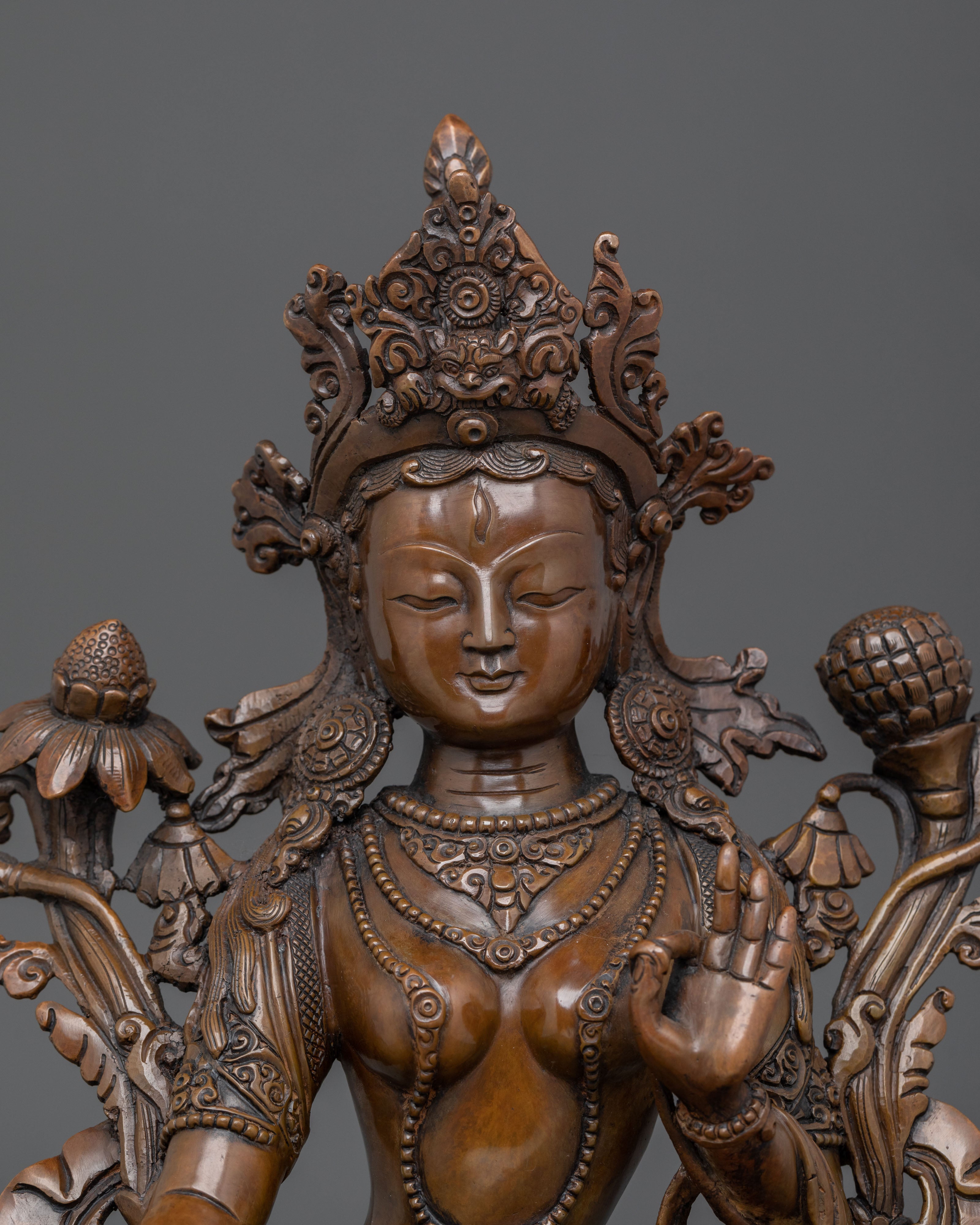 White Tara Blessing and Healing Statue in Oxidized Copper