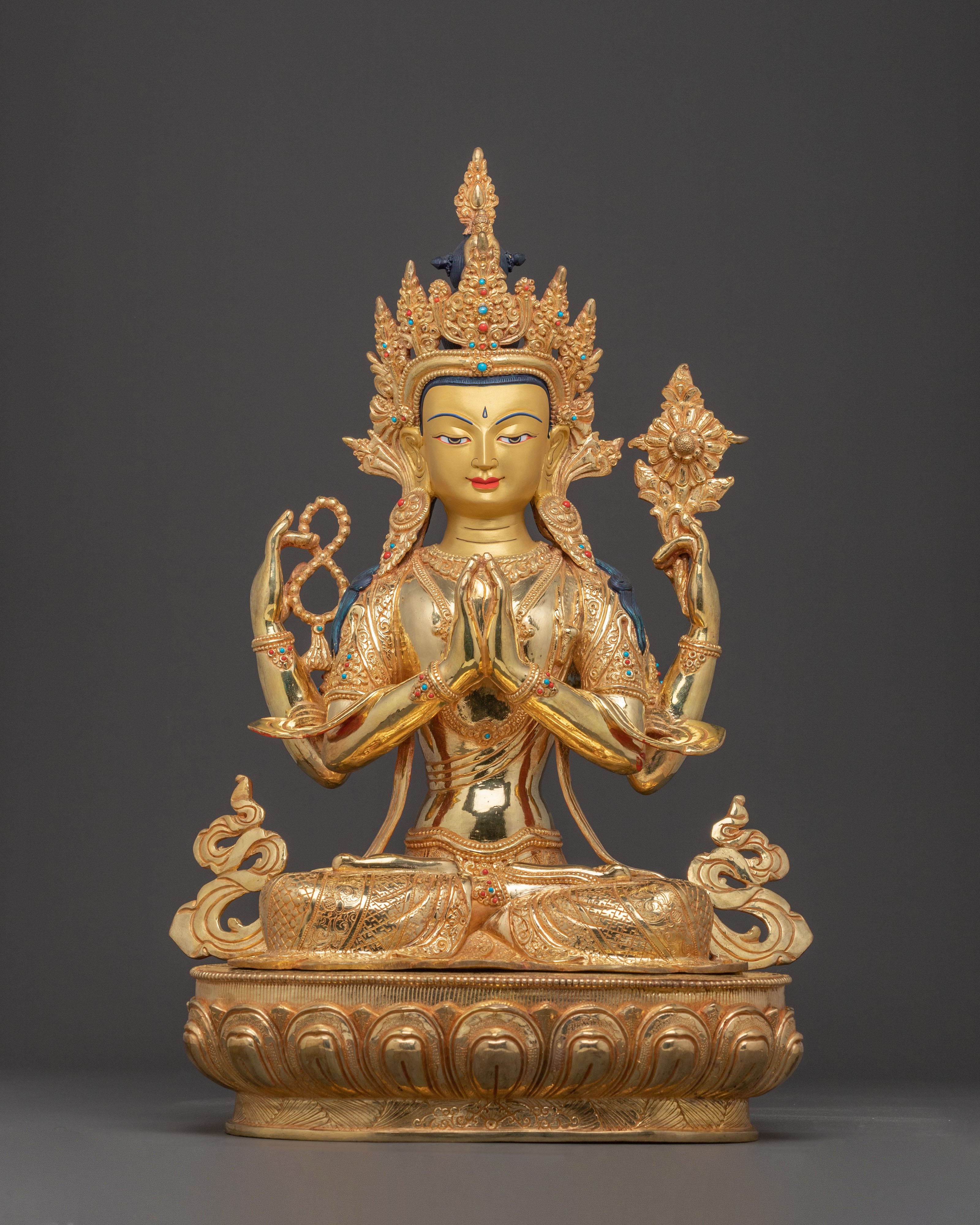 Chenrezig Mercy Bodhisattva Statue – Gilded Copper & Gemstone Art