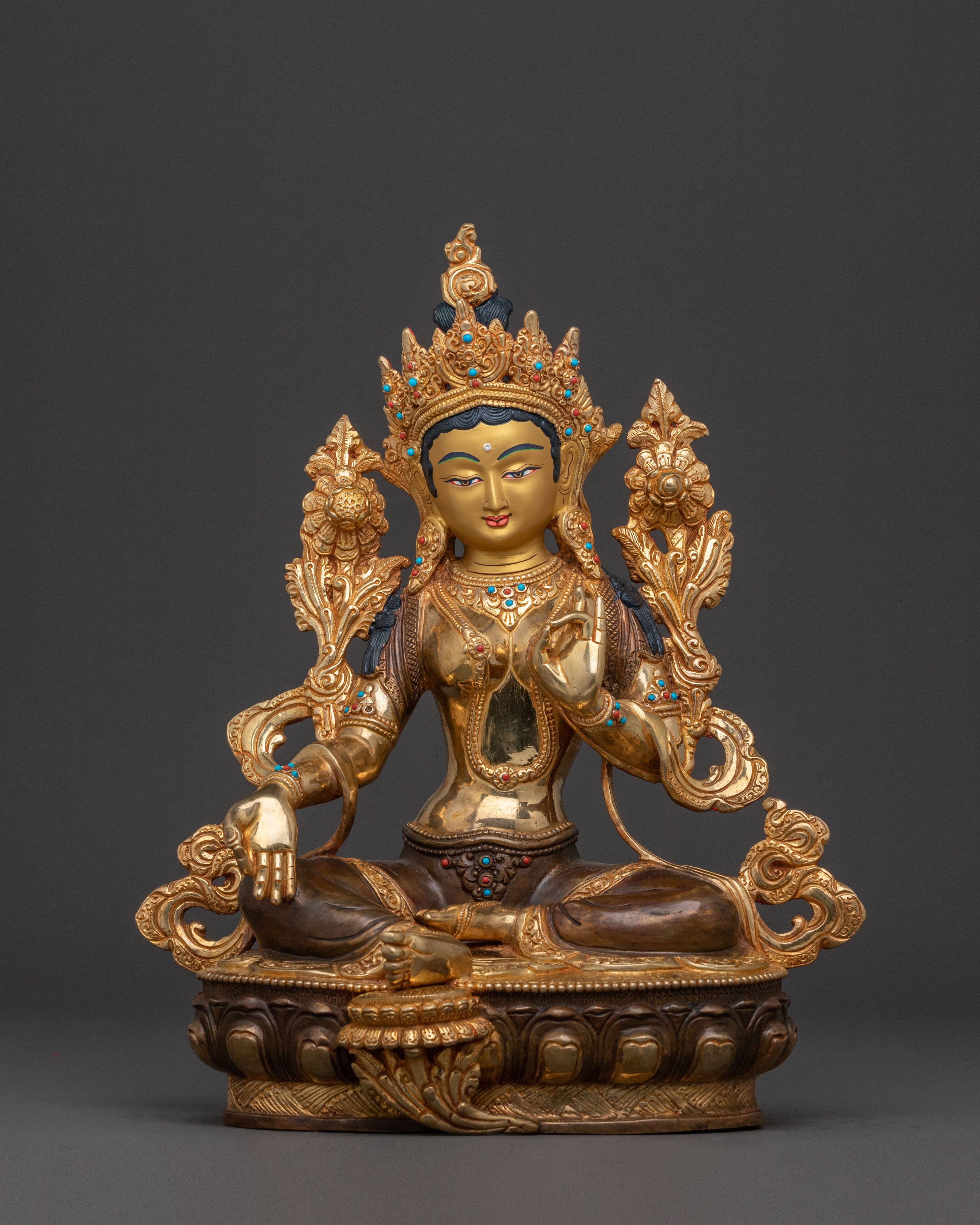 Green Tara: 24K Gold Gilded Statue