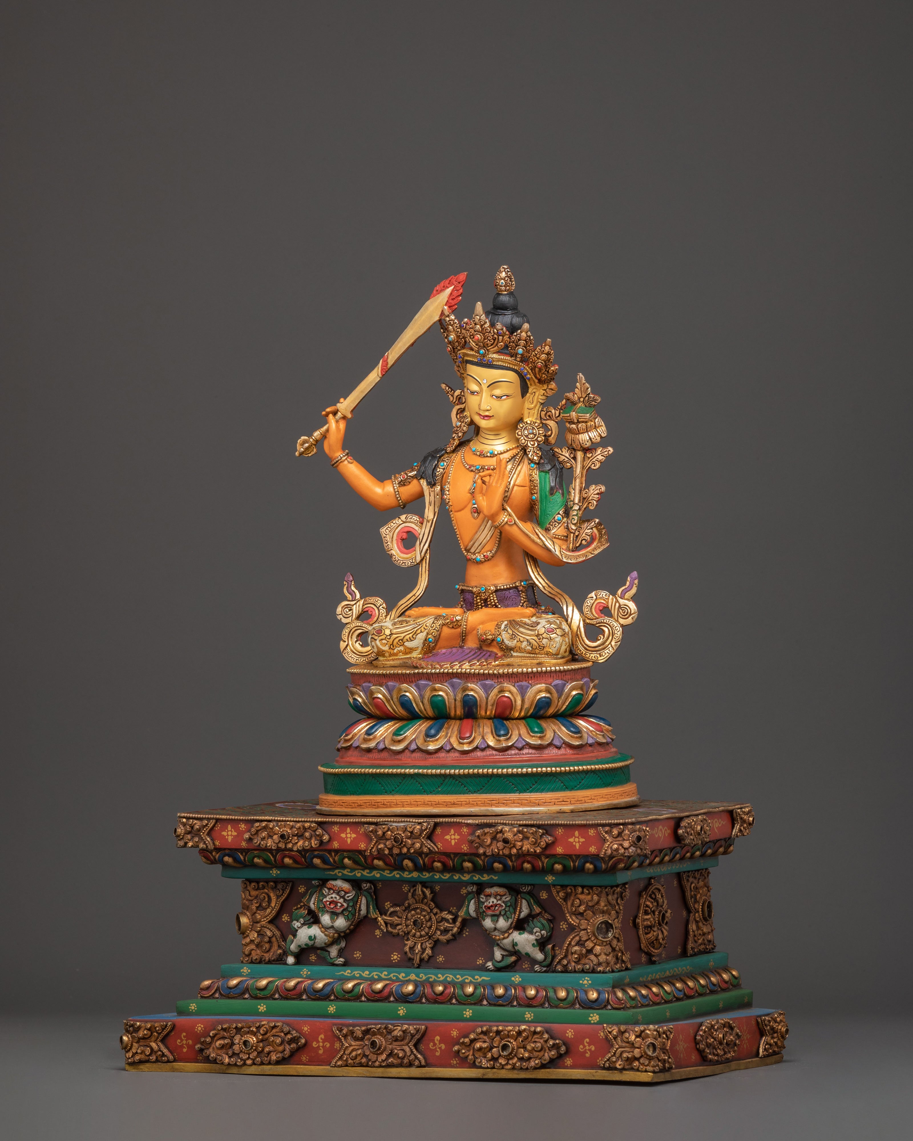 Spiritual Wisdom Deity Manjushri Statue on Throne | Handmade in Nepal