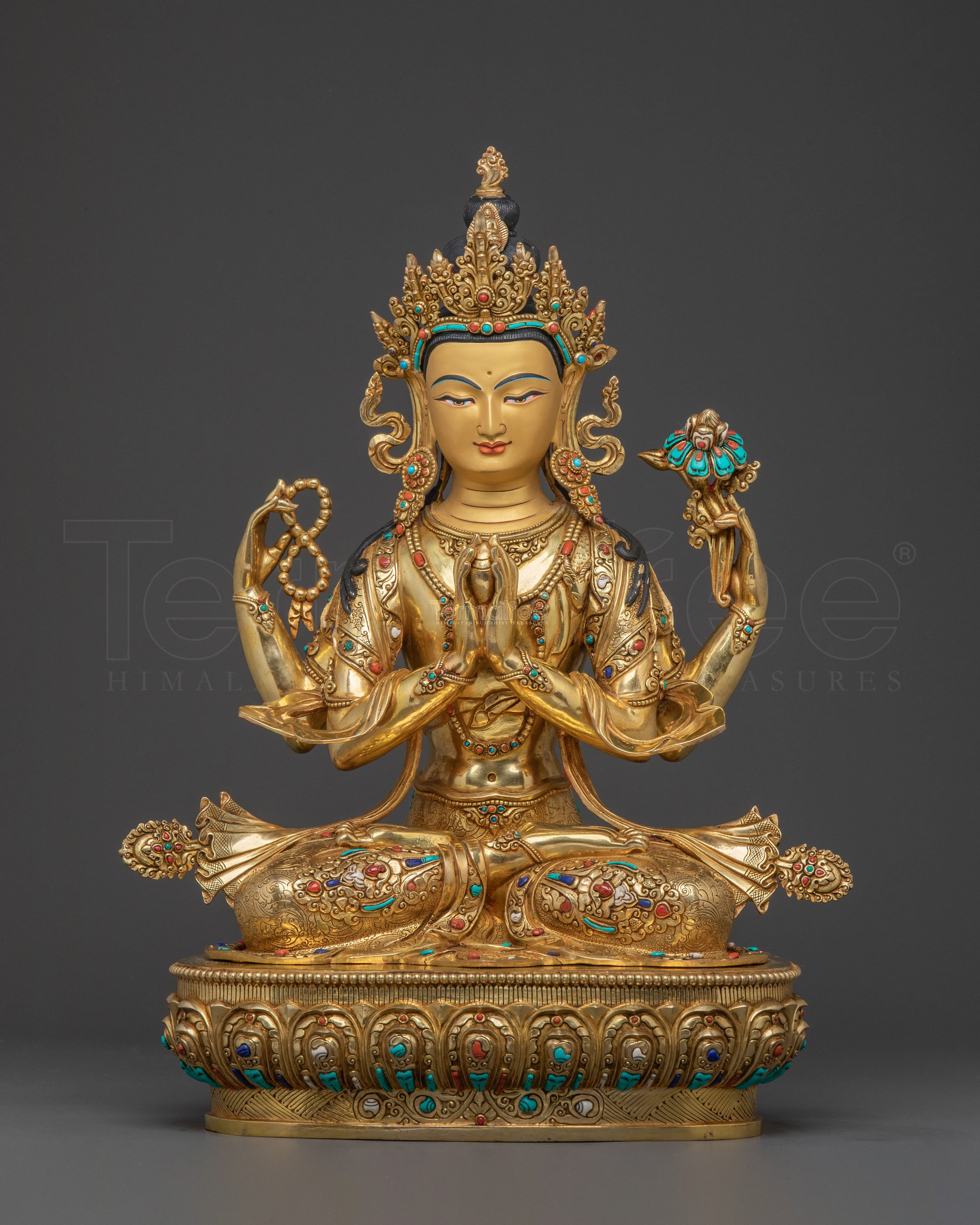Buddhist Mercy Chenrezig Sculpture – Radiant 24K Gold Gilded Artistry