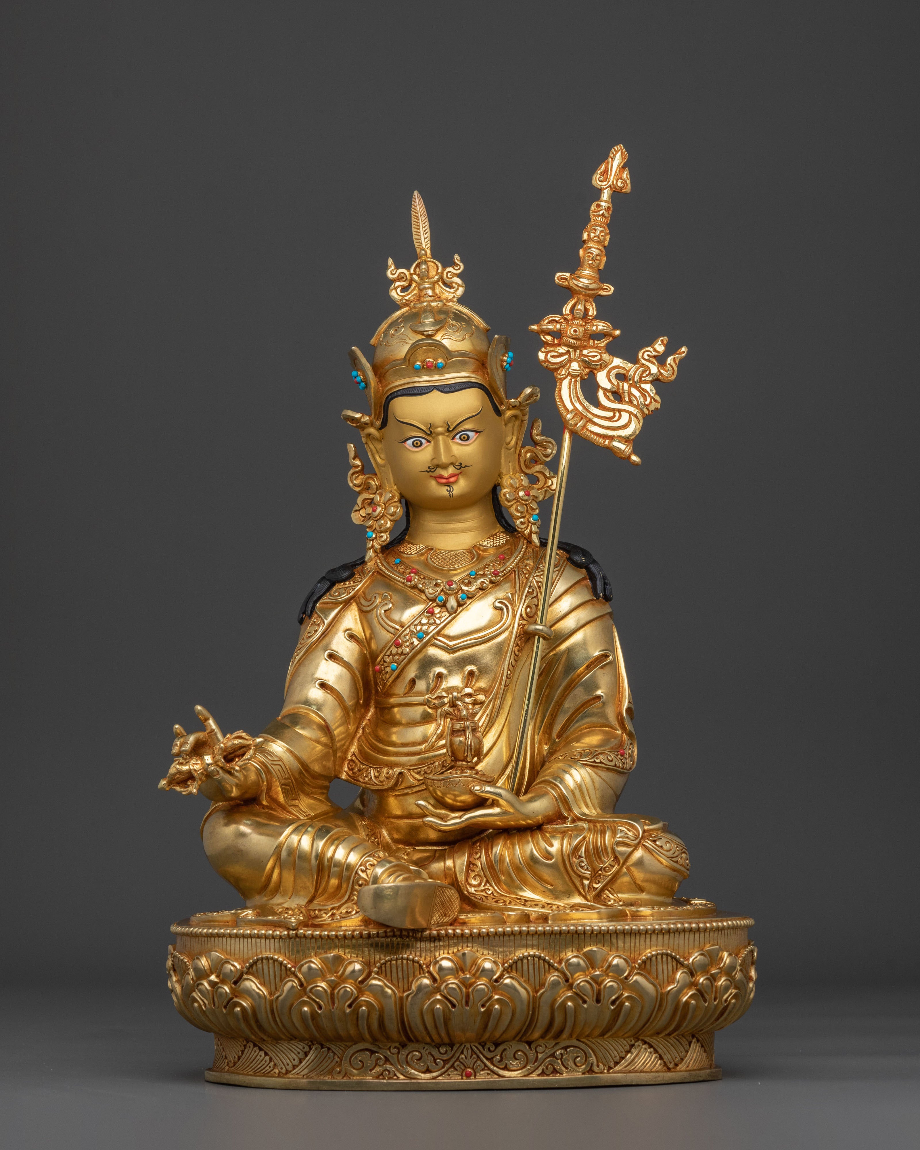 Buddhist Precious Figurine of Guru Rinpoche in Glimmering 24K Gold