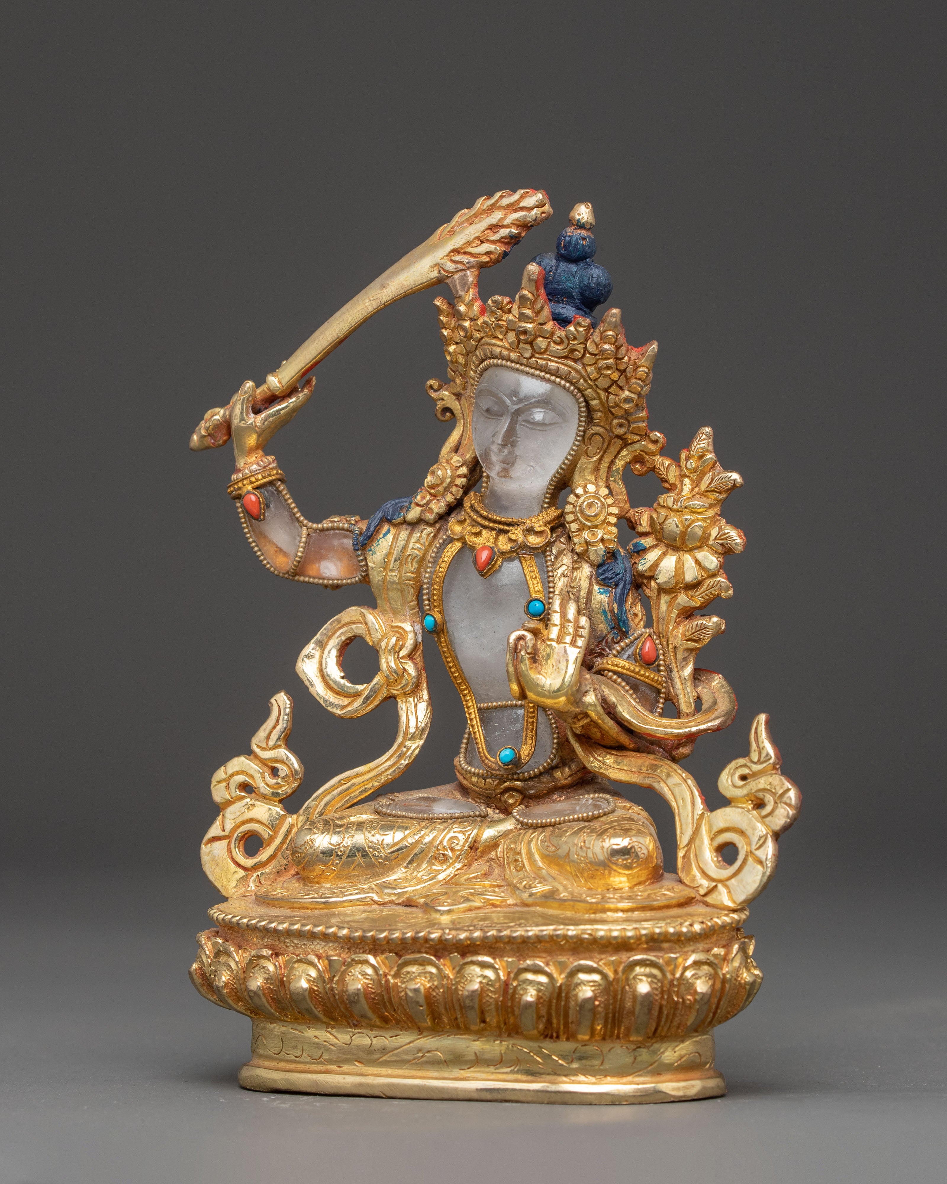 Handcrafted Crystal Bodhisattva Manjushri Statue