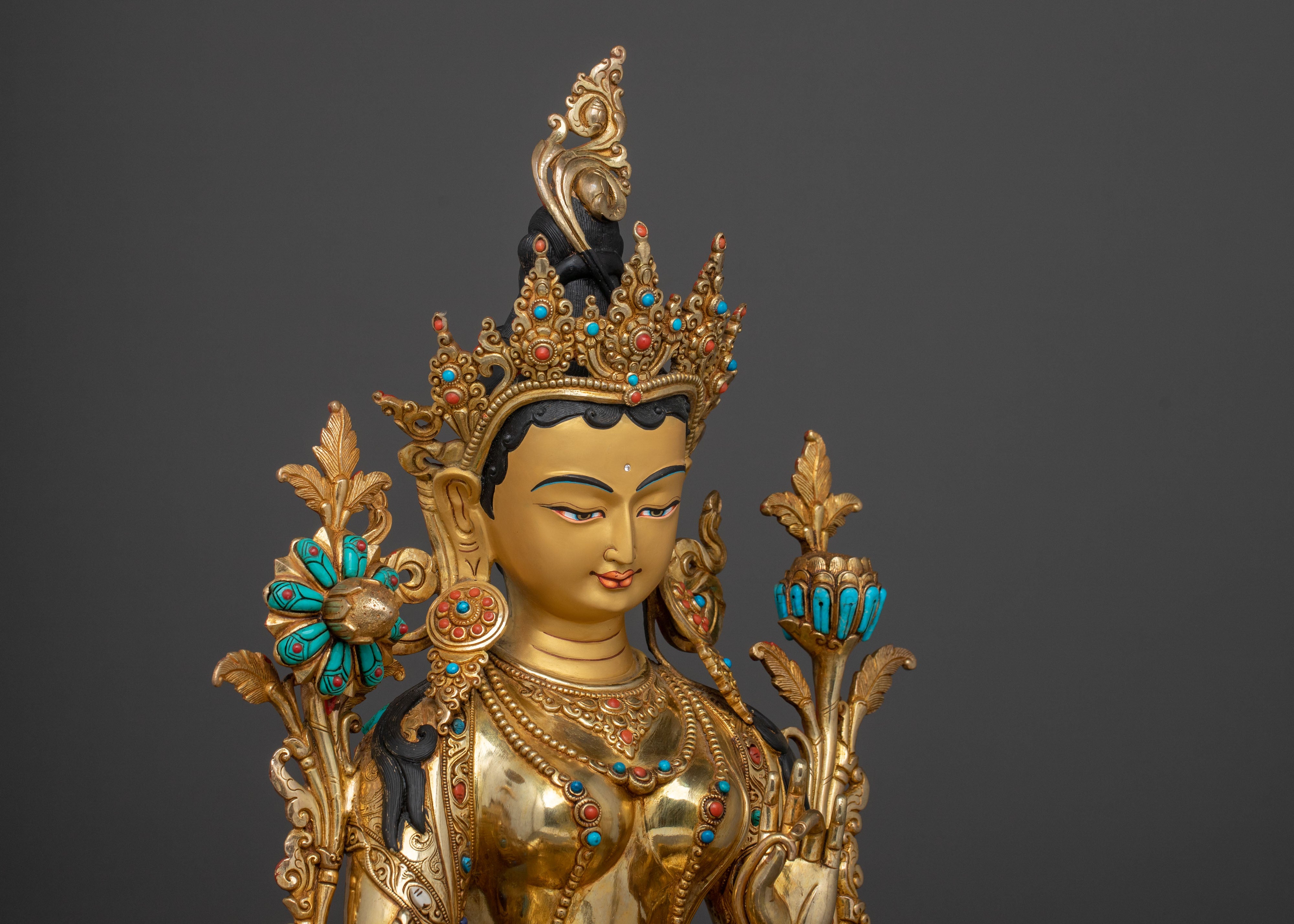Goddess Green Tara Fire Gold Gilded Statue: Symbol of Compassion